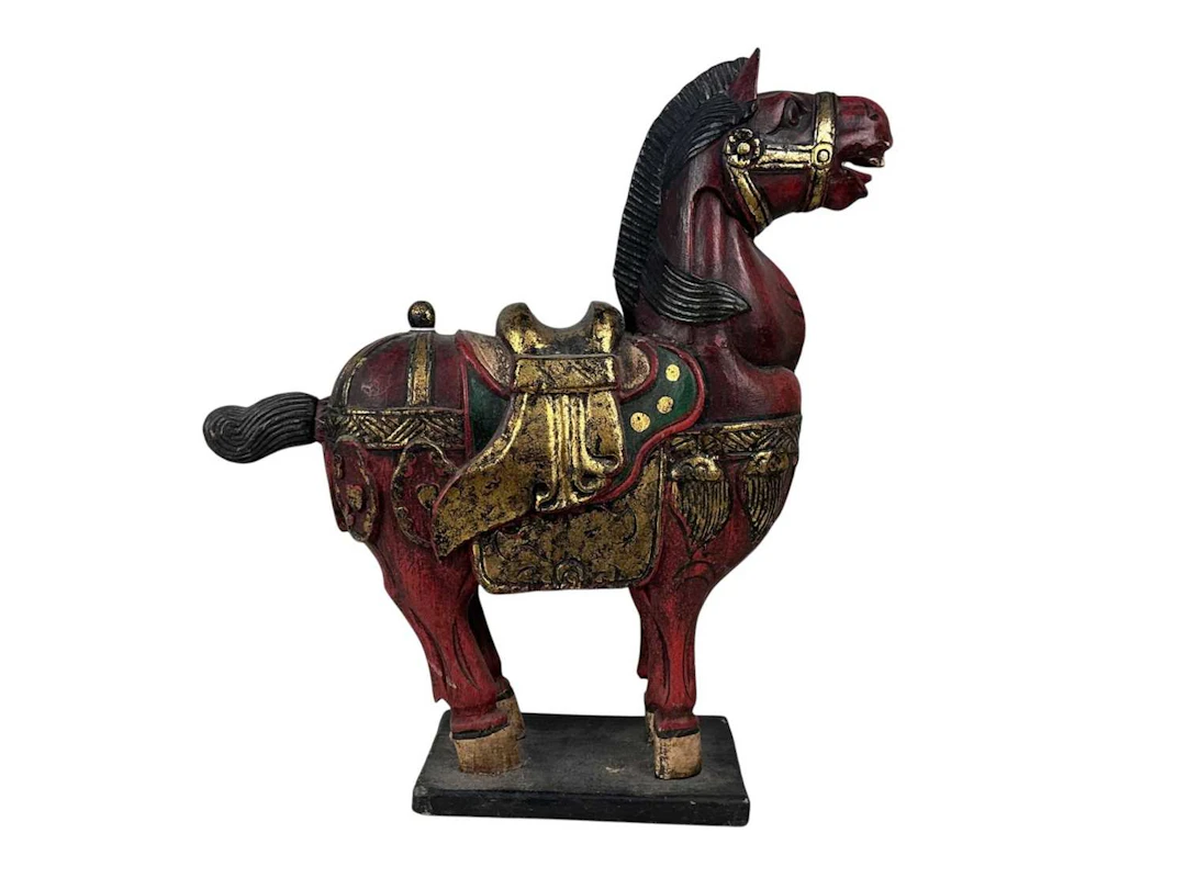 CARVED WOOD HORSE, EARLY 20TH CENTURY ALONG WITH A STOOL