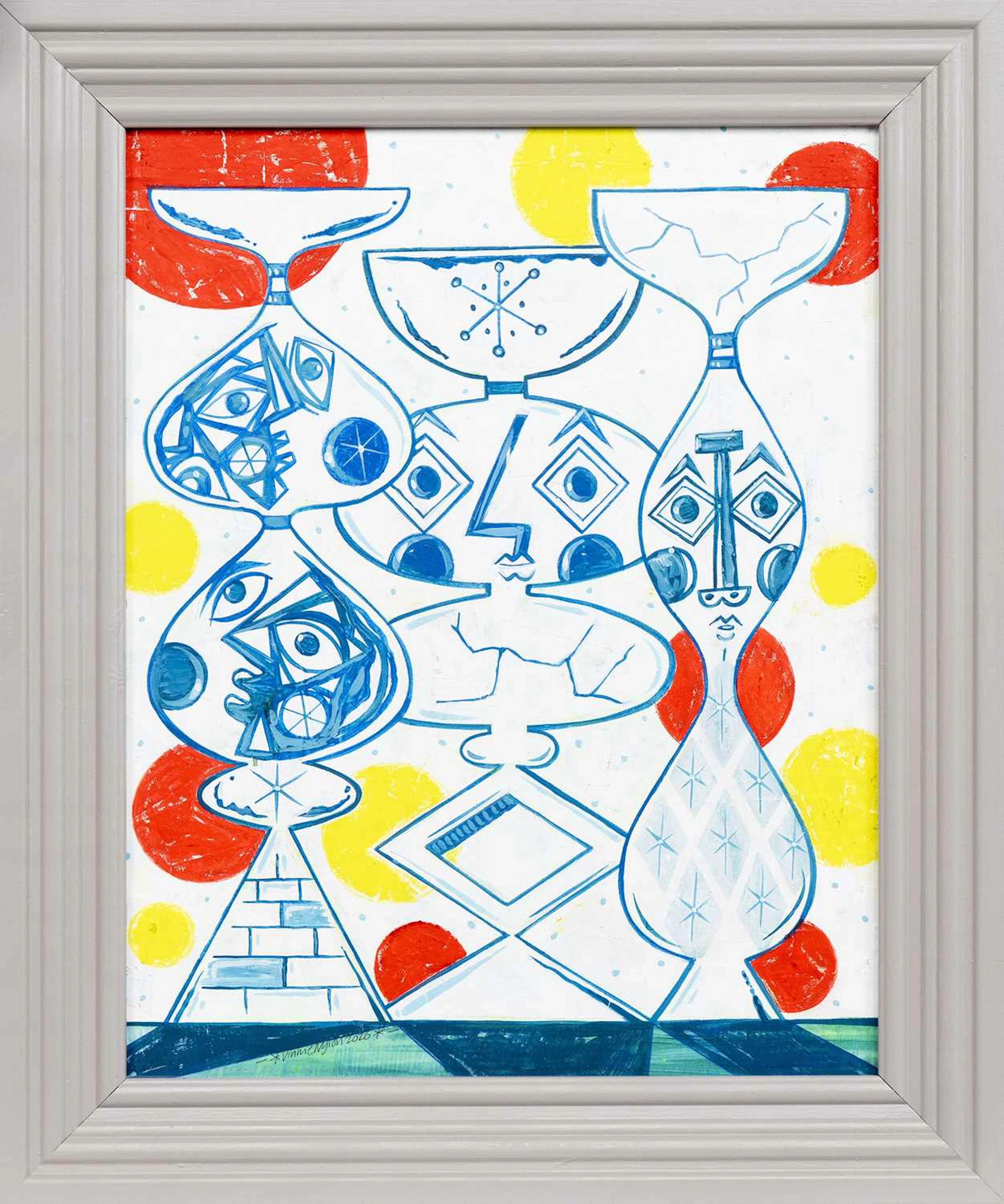 VINNIE NYLON VOGUE JUNIOR : THREE BULE PLANTER TOTEMS ON WHITE, RED