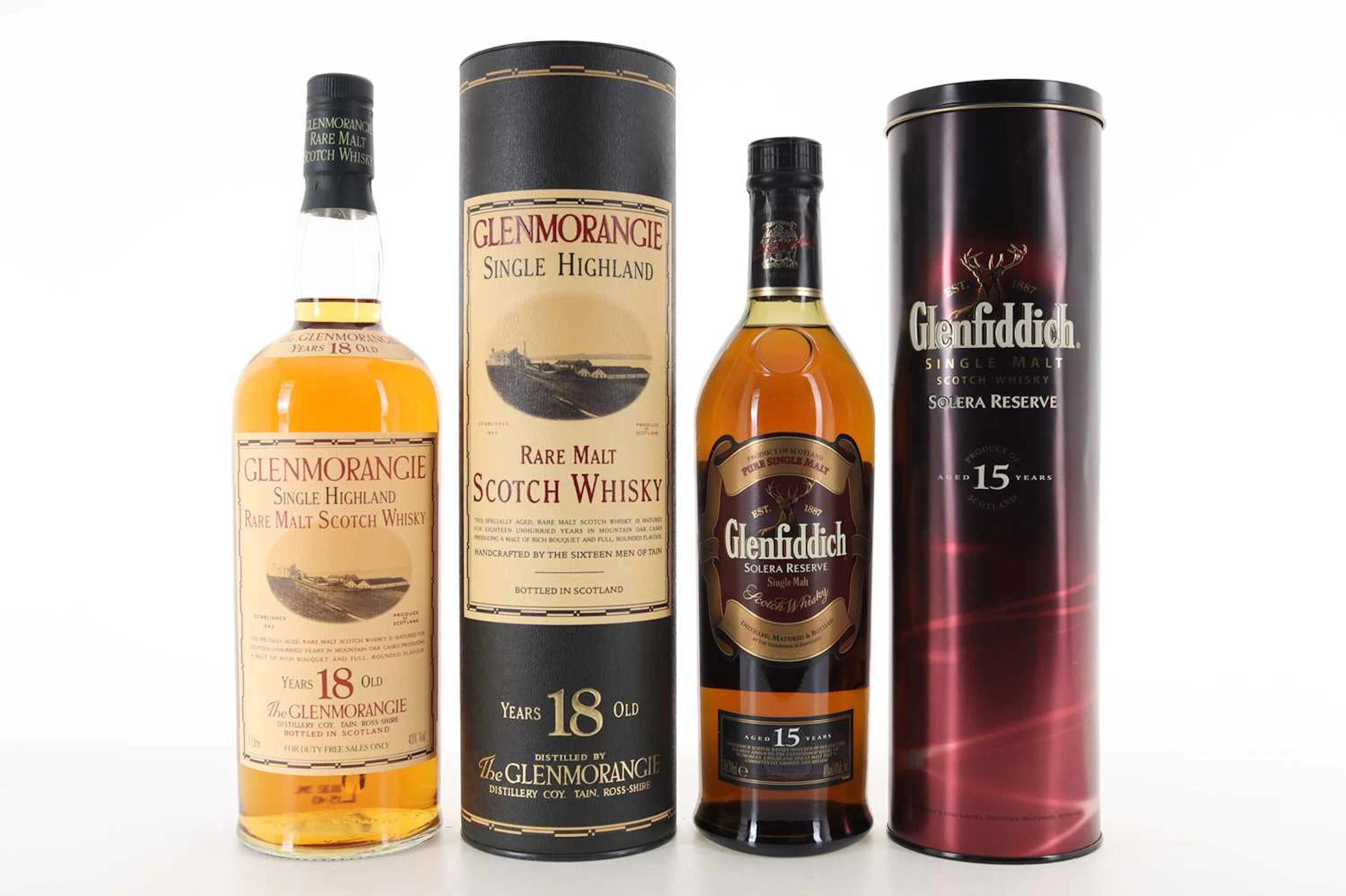GLENMORANGIE 18 YEAR OLD 1L AND GLENFIDDICH 15 YEAR OLD SINGLE MALT