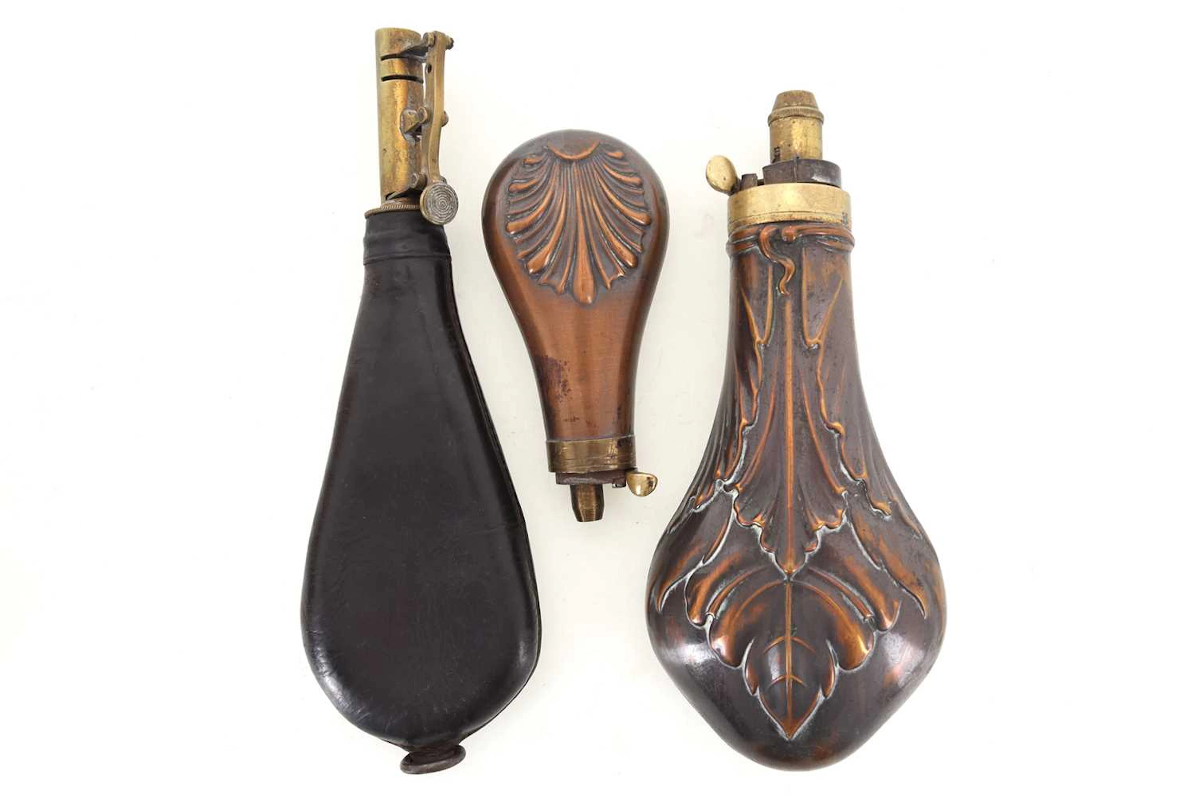 THREE POWDER FLASKS LATE 19TH/EARLY 20TH CENTURY