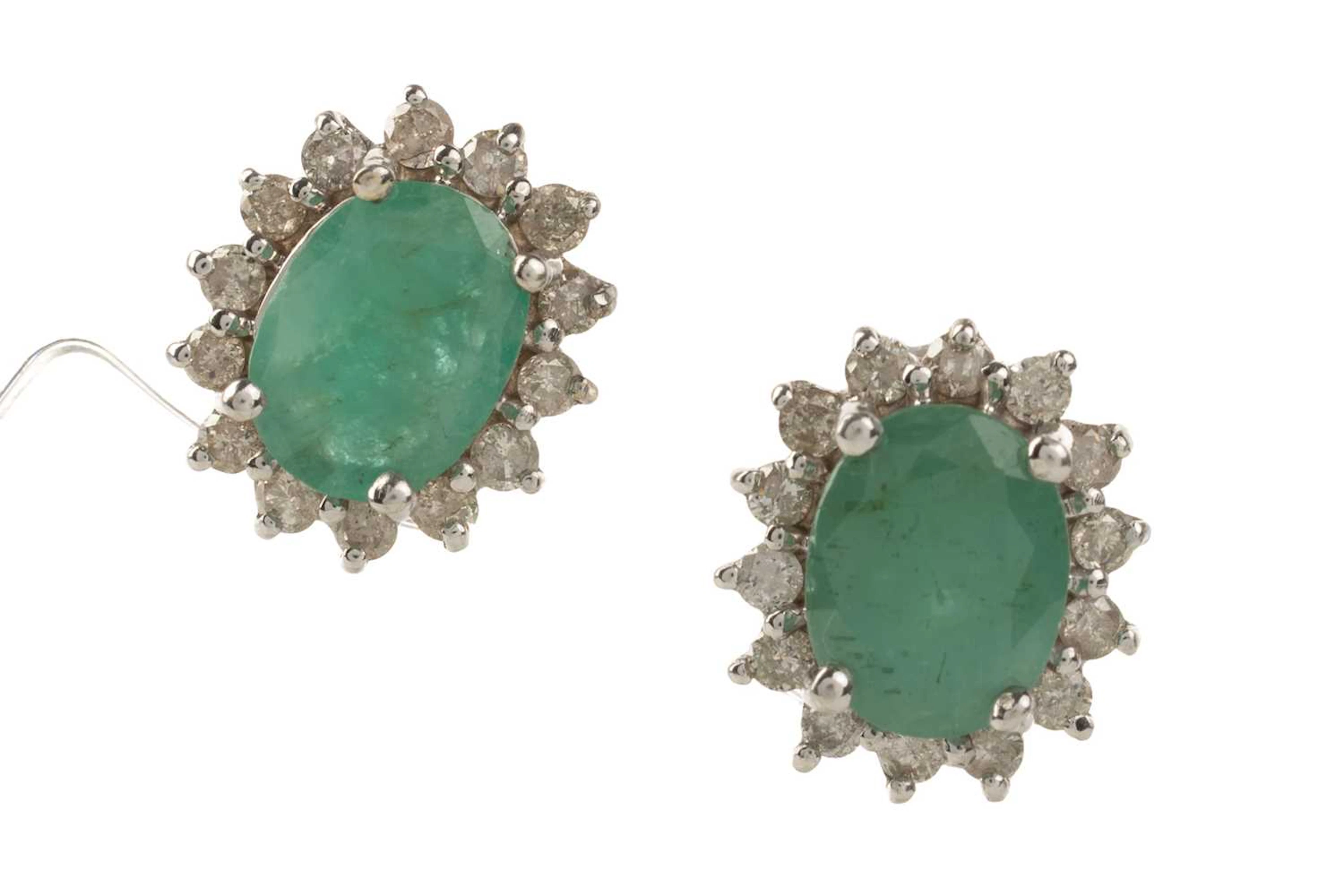 PAIR OF EMERALD AND DIAMOND CLUSTER EARRINGS LATE 20TH CENTURY