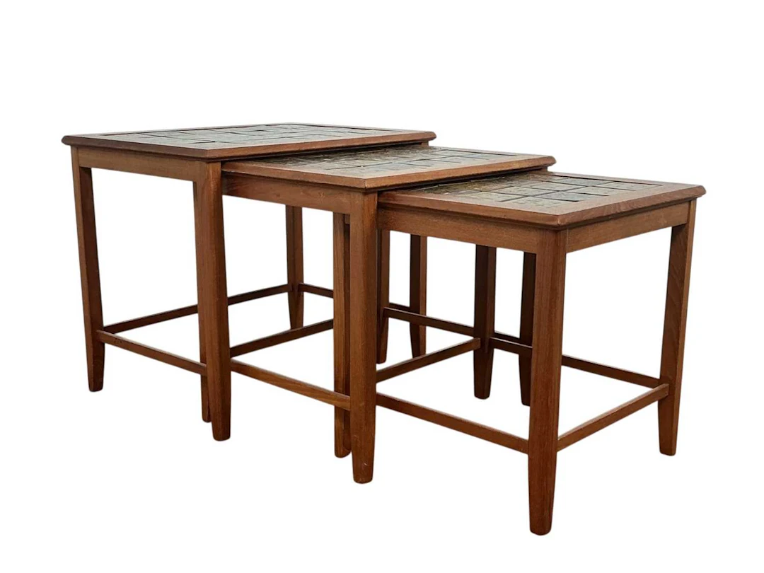 TEAK NEST OF THREE TILE TOP OCCASIONAL TABLES MID 20TH CENTURY
