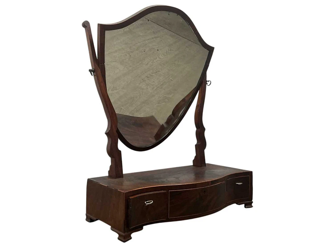 MAHOGANY DRESSING MIRROR, MID 19TH CENTURY ALONG WITH A WALNUT CASKET