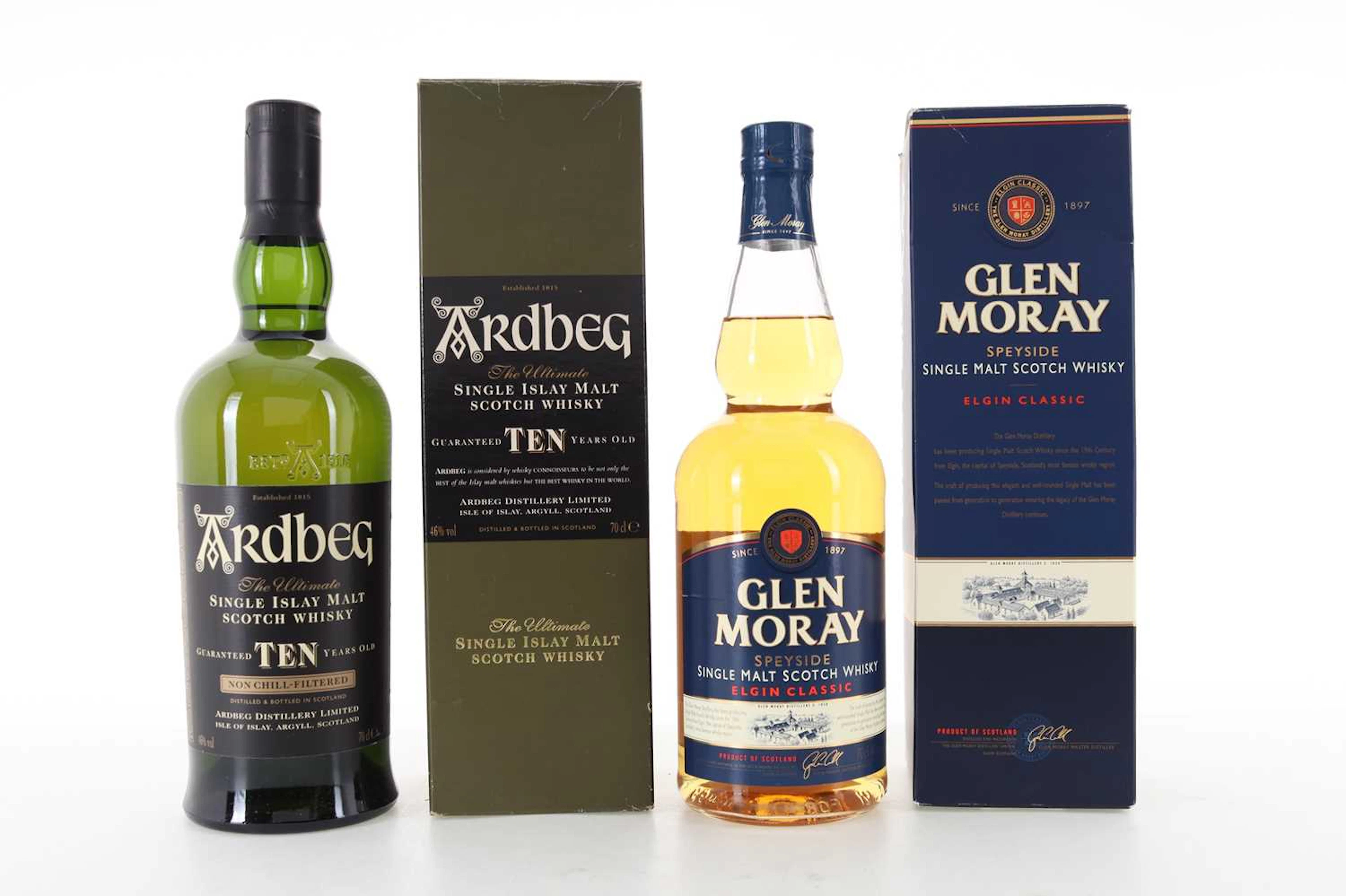 ARDBEG 10 YEAR OLD AND GLEN MORAY ELGIN CLASSIC SINGLE MALT