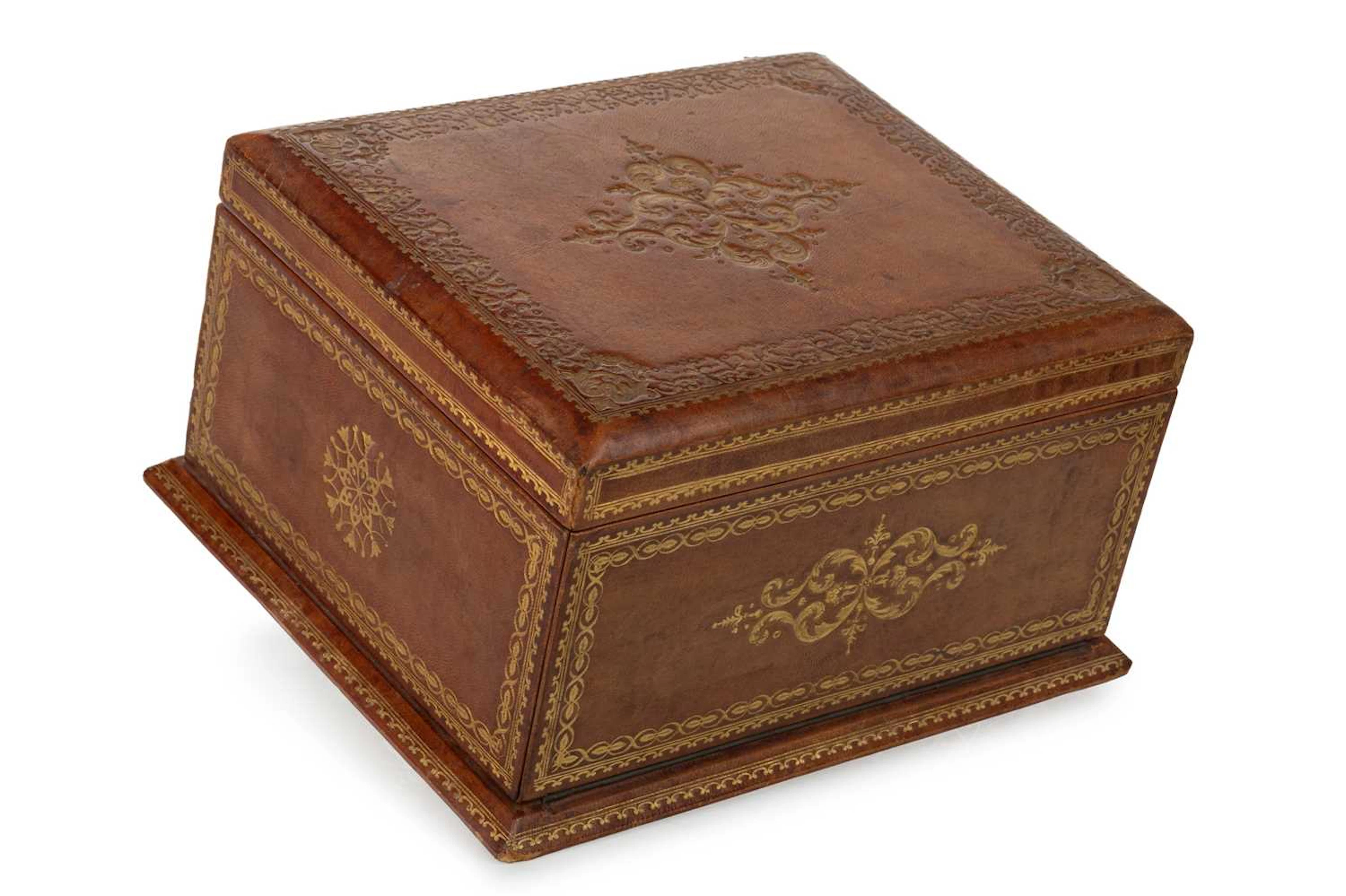 GILT TOOLED LEATHER CIGAR BOX MID 20TH CENTURY