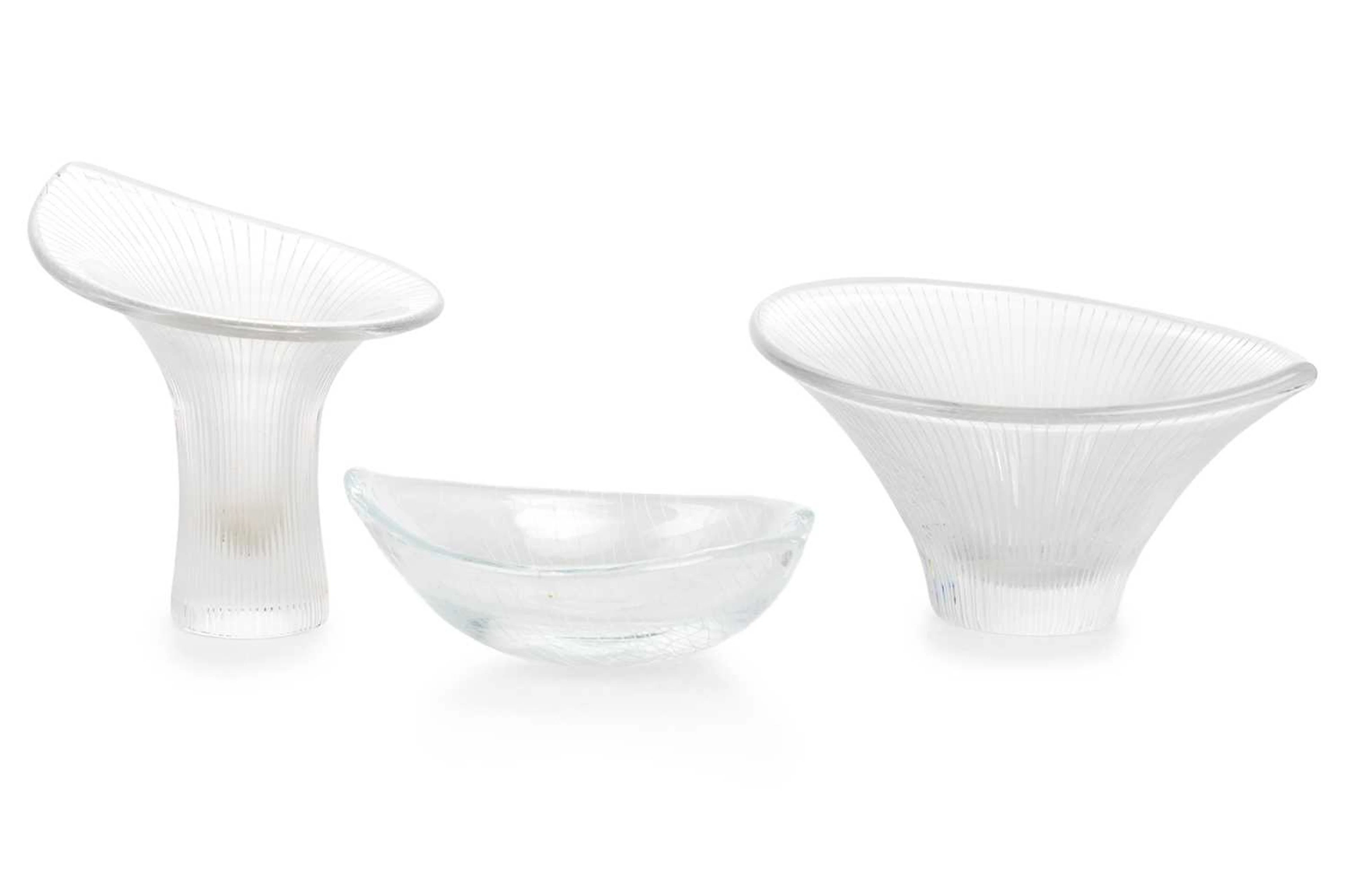 TAPIO WIRKKALA GLASS VASE, MID 20TH CENTURY AND TWO BOWLS