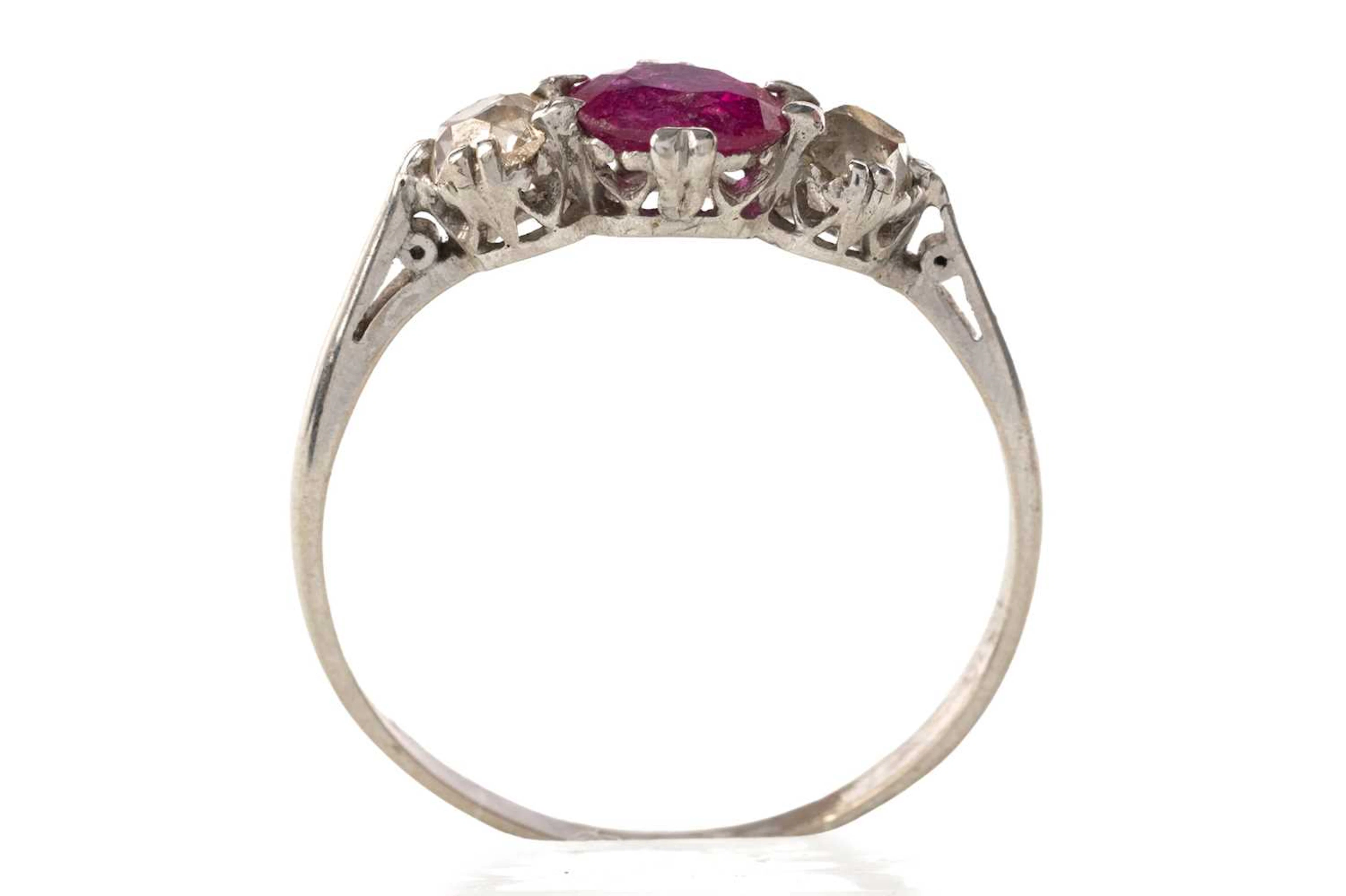 RUBY AND DIAMOND THREE STONE RING MID 20TH CENTURY