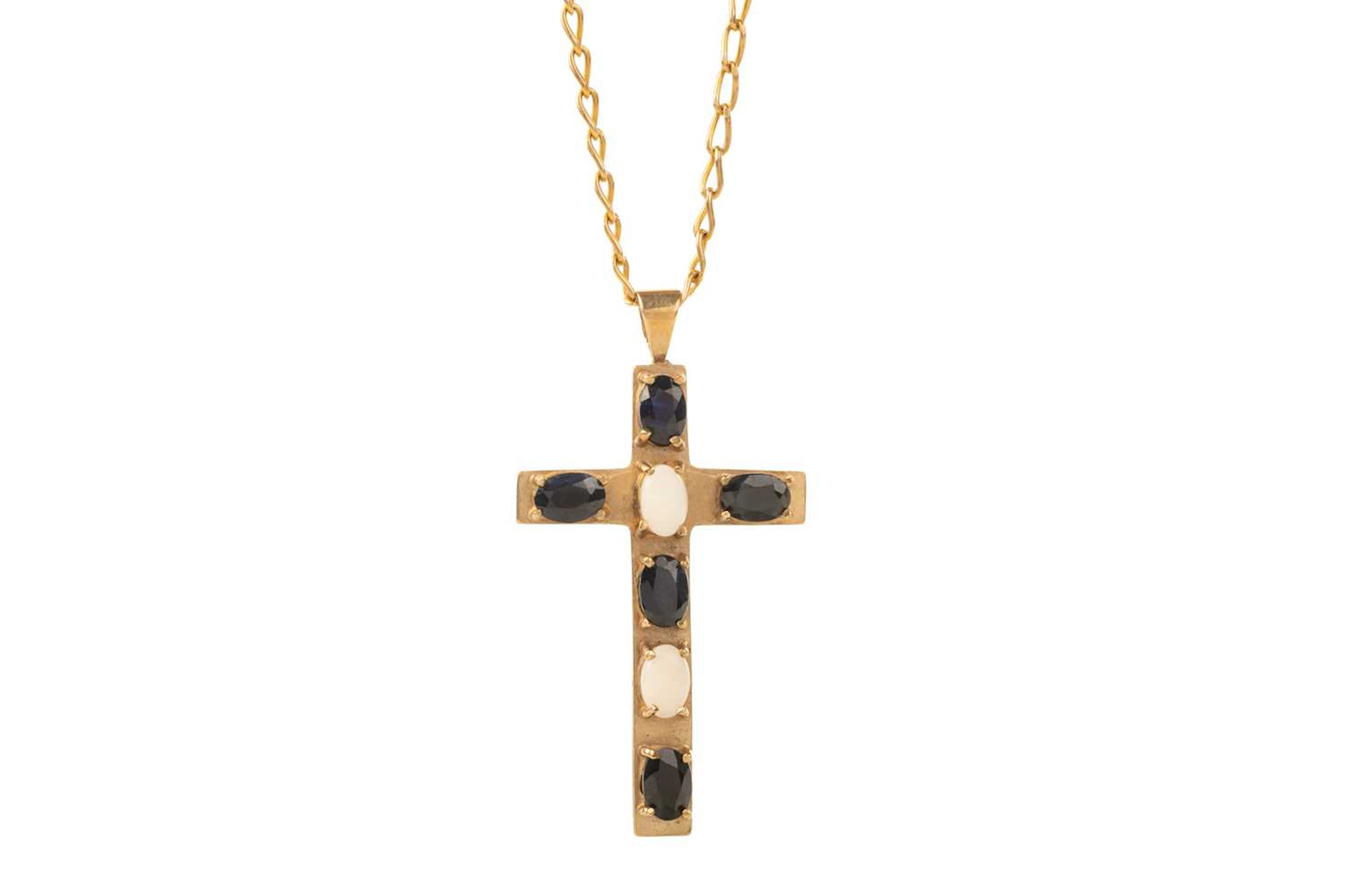 SAPPHIRE AND OPAL CROSS PENDANT ON CHAIN LATE 20TH CENTURY