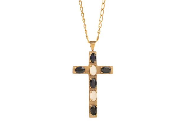 SAPPHIRE AND OPAL CROSS PENDANT ON CHAIN LATE 20TH CENTURY