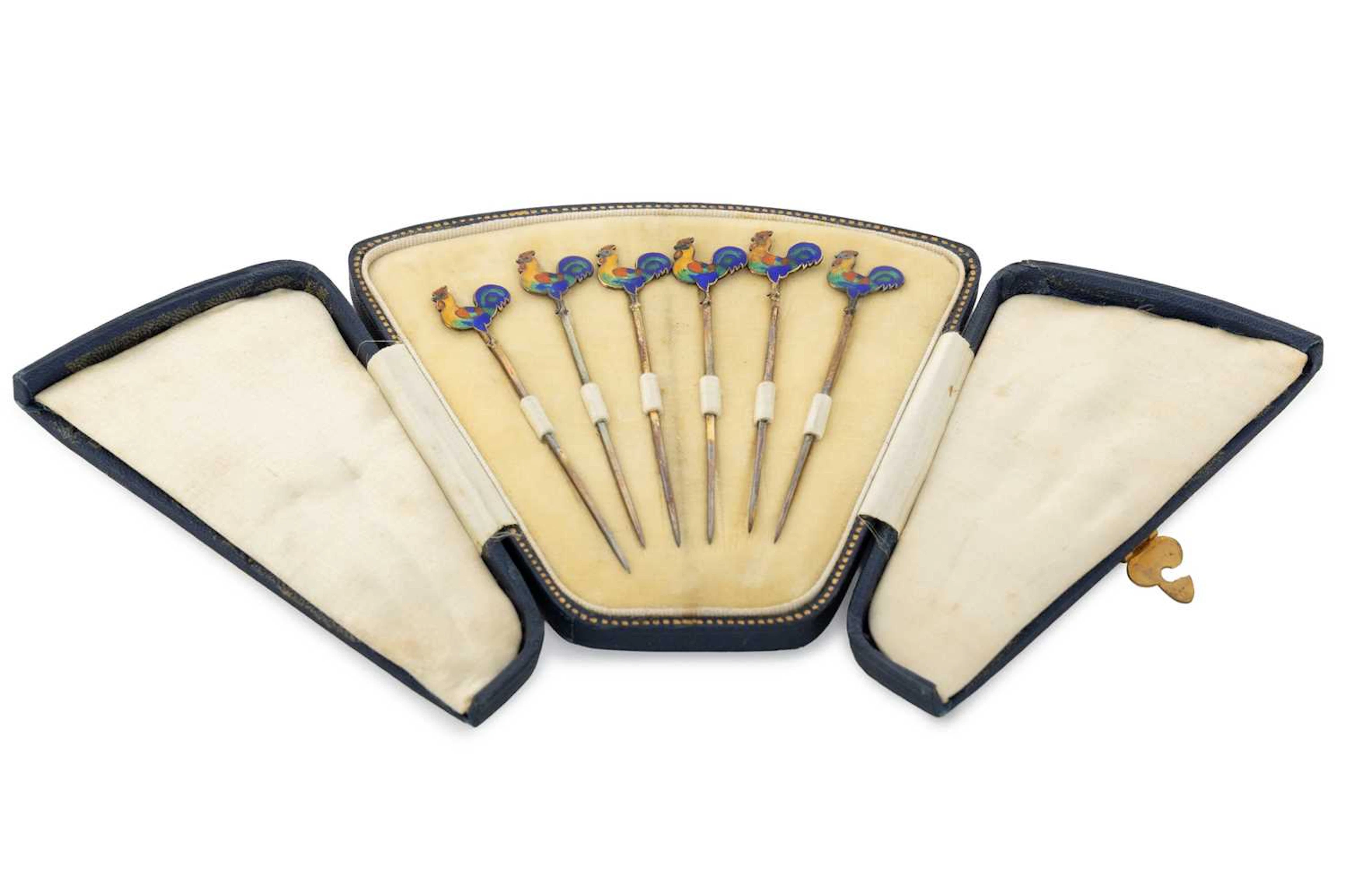 SET OF SIX GEORGE V ART DECO SILVER AND ENAMEL COCKTAIL STICKS MAKER