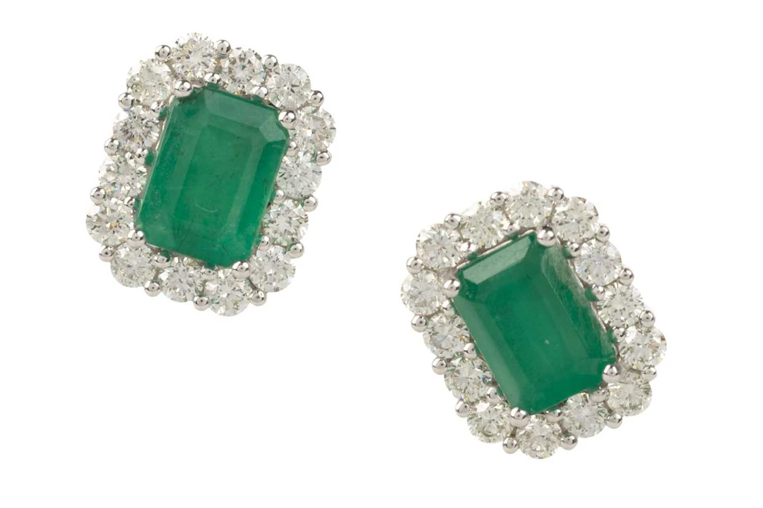 PAIR OF EMERALD AND DIAMOND CLUSTER EARRINGS 21ST CENTURY