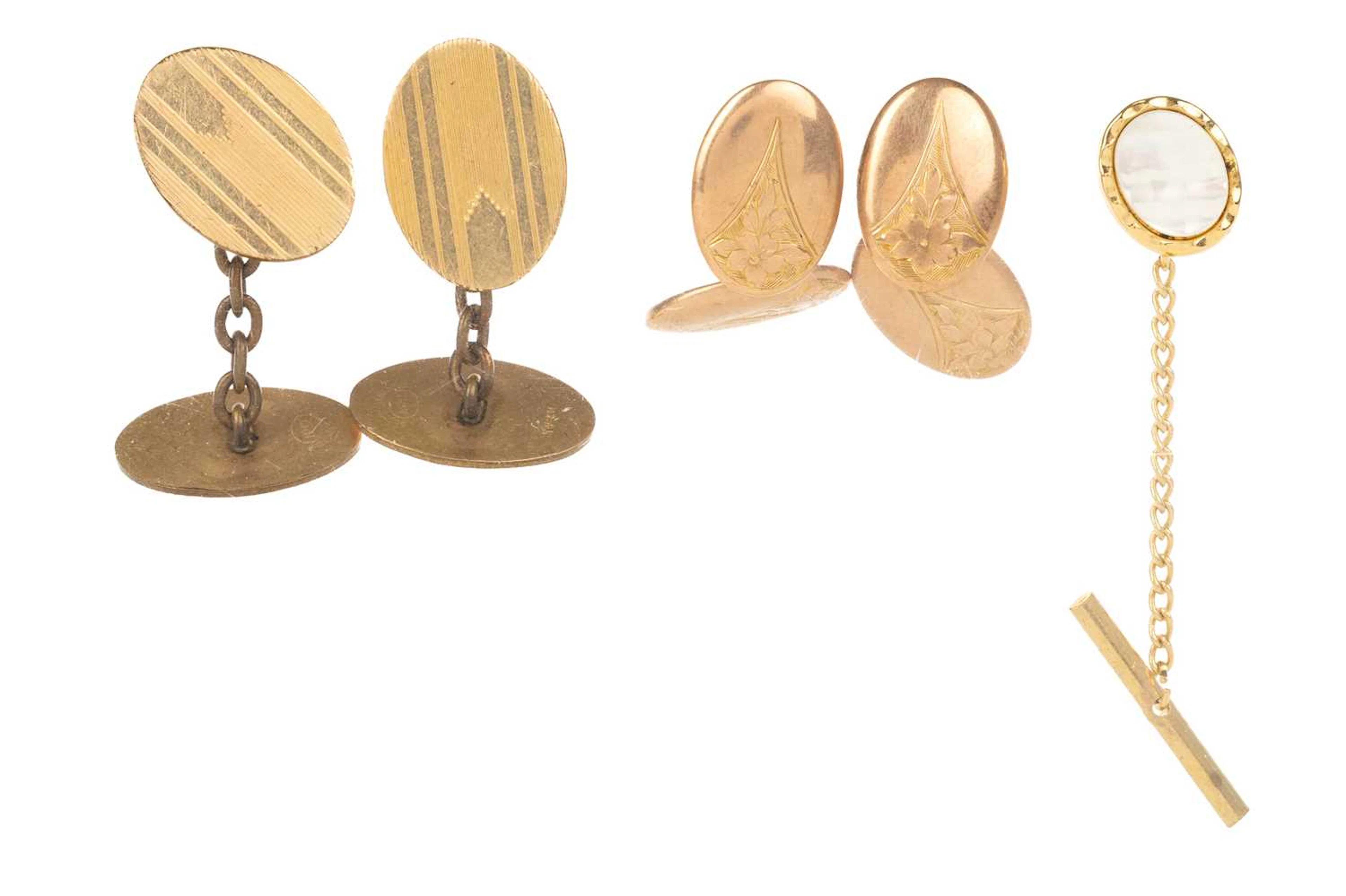 TWO PAIRS OF CUFFLINKS AND A TIE PIN MID 20TH CENTURY