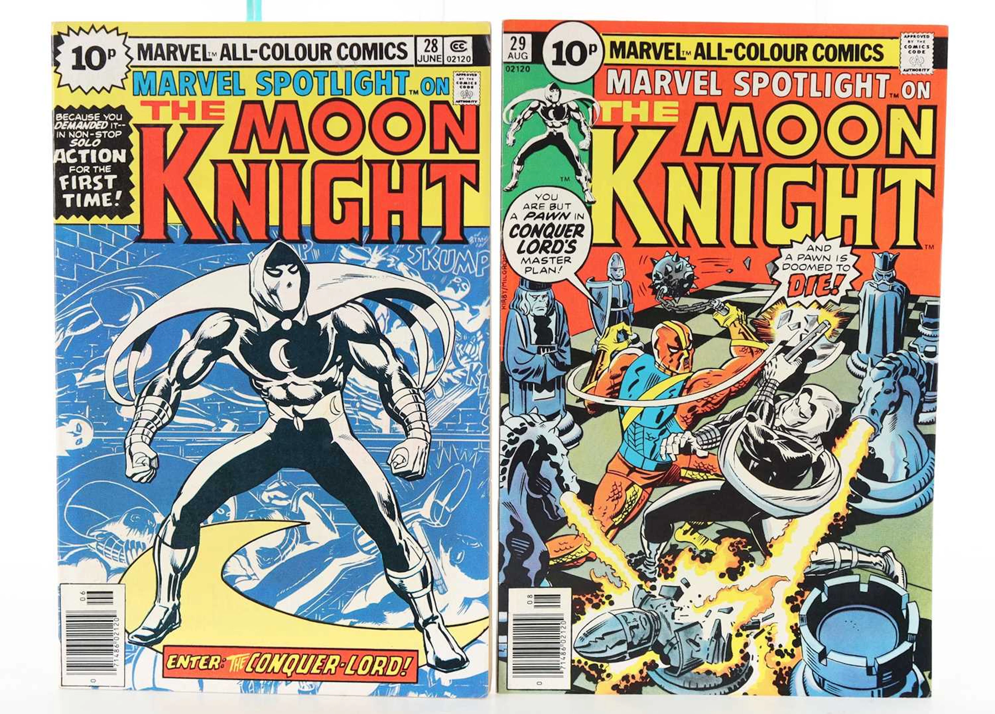 MARVEL SPOTLIGHT #28 AND #29-FIRST SOLO MOON KNIGHT(U.K PRICE VARIANT) 1976