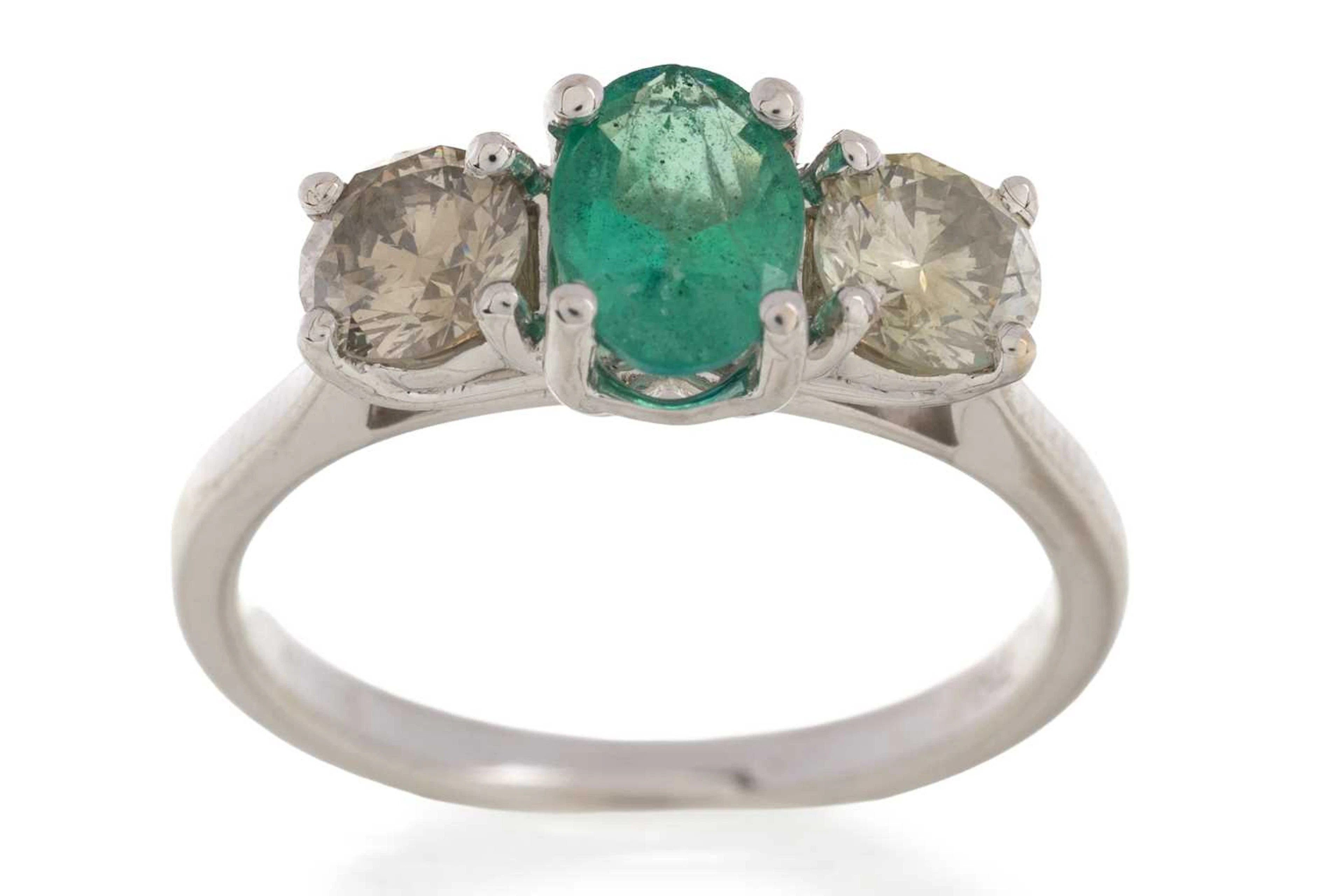 CERTIFICATED EMERALD AND DIAMOND THREE STONE RING 21ST CENTURY