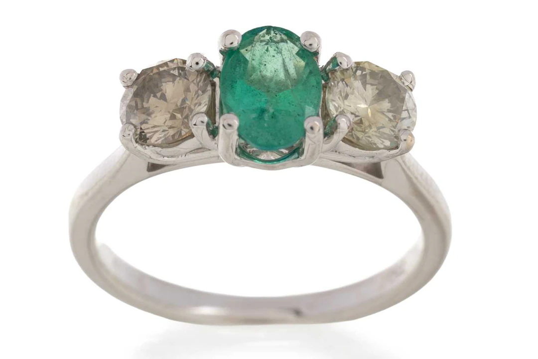 CERTIFICATED EMERALD AND DIAMOND THREE STONE RING 21ST CENTURY