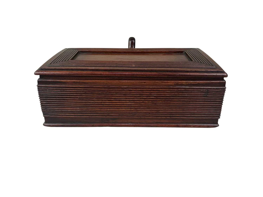 VICTORIAN MAHOGANY CIGAR BOX, MID 19TH CENTURY ALONG WITH A TURNED WOOD MUG