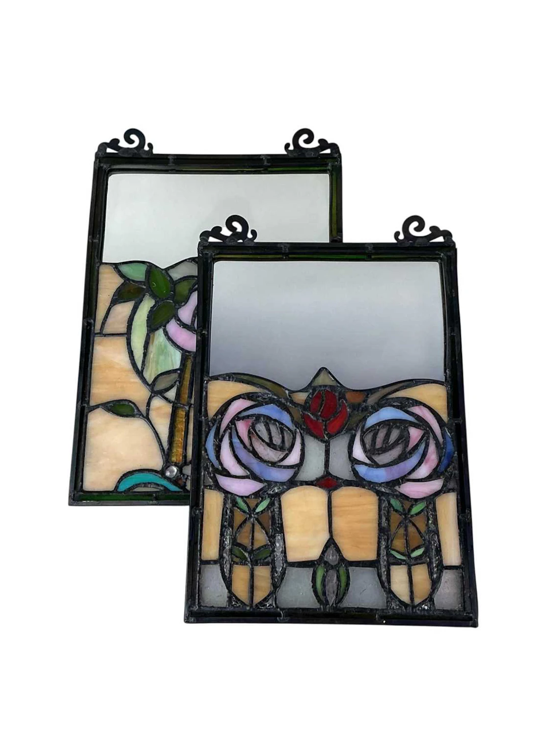 TWO STAINED GLASS MIRRORED BACK PANELS, OF CHARLES RENNIE MACKINTOSH