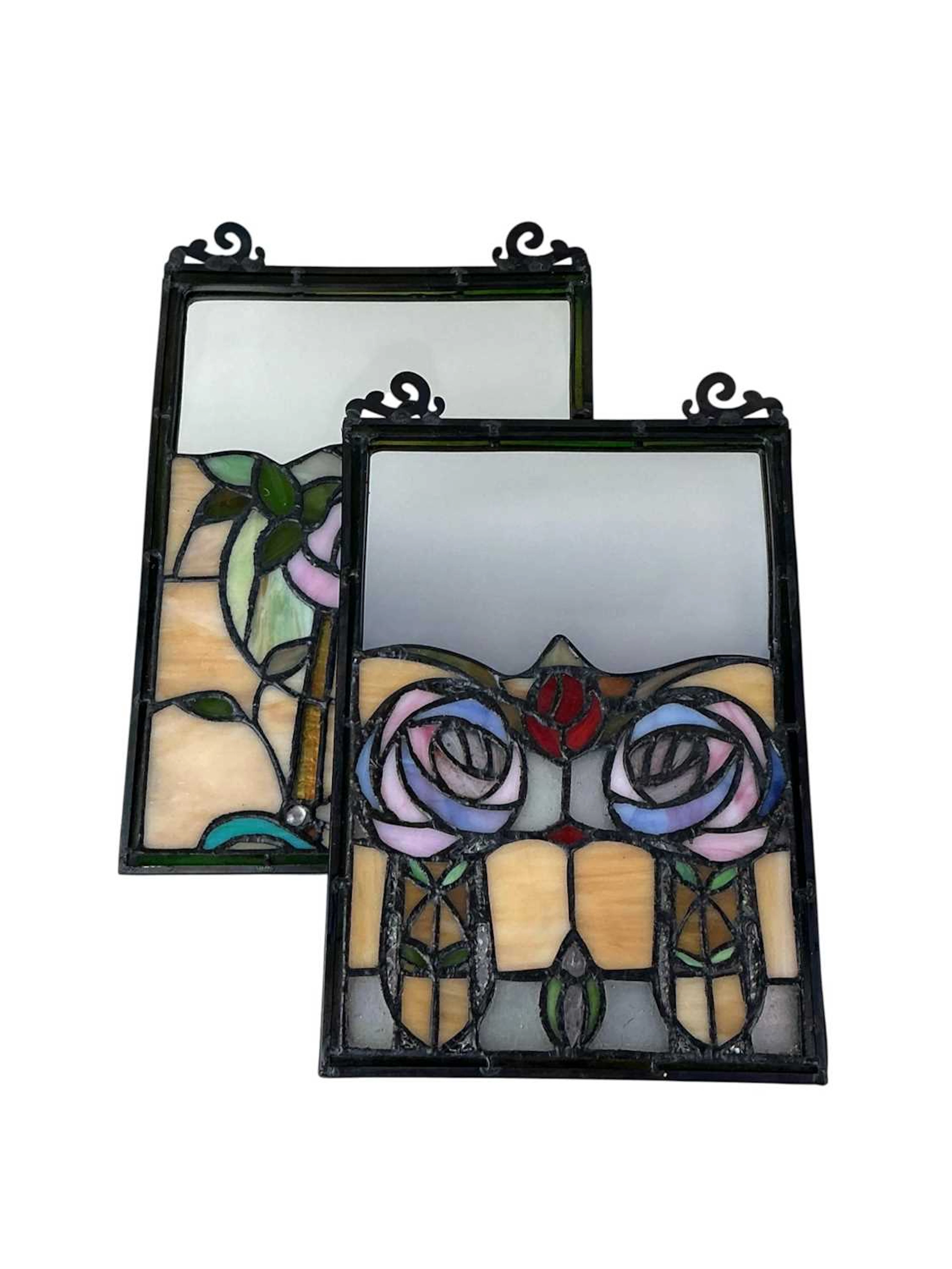 TWO STAINED GLASS MIRRORED BACK PANELS, OF CHARLES RENNIE MACKINTOSH