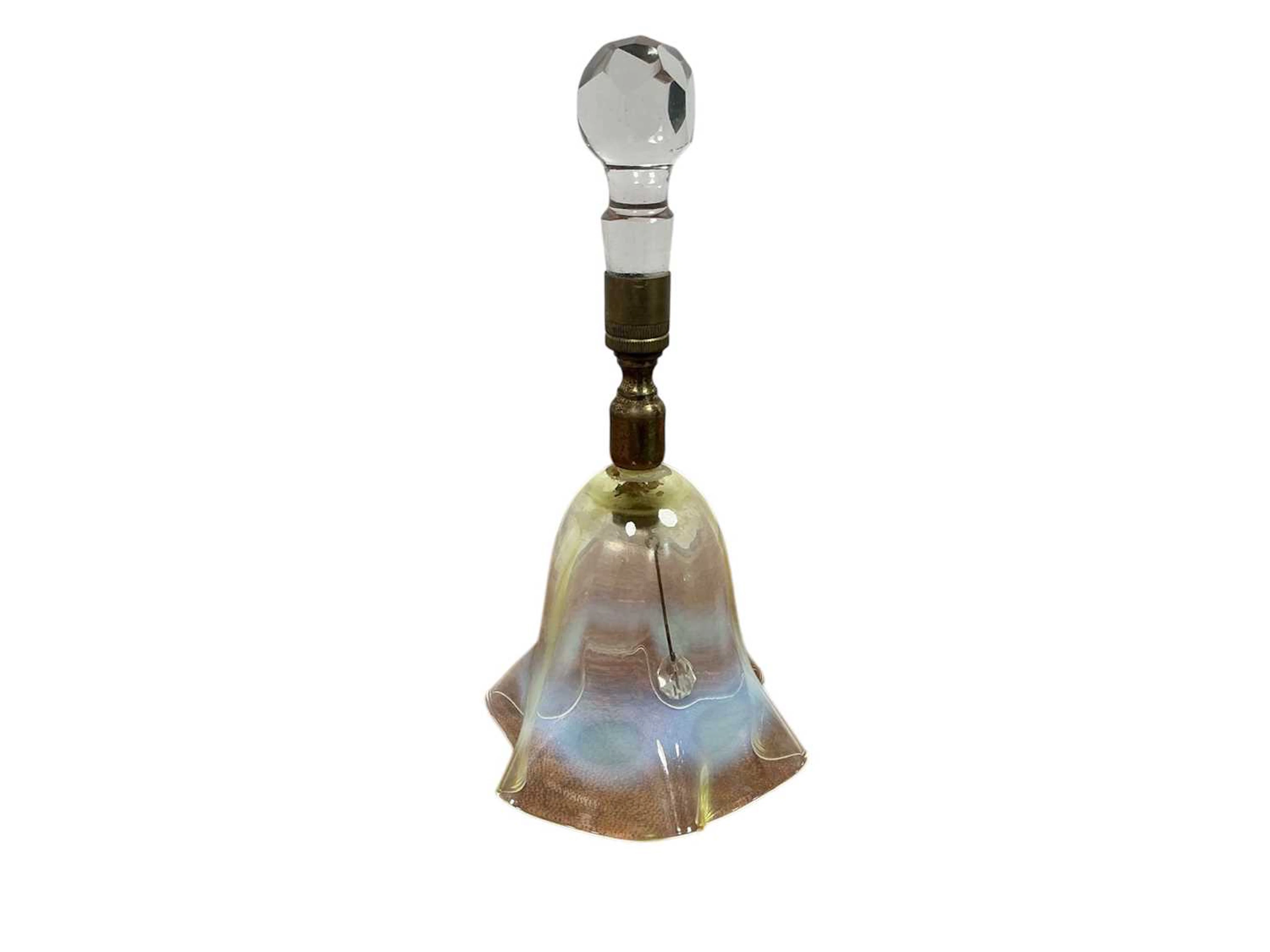 VASELINE GLASS TABLE BELL, LATE 19TH CENTURY AND A GREEN GLASS DRESSING