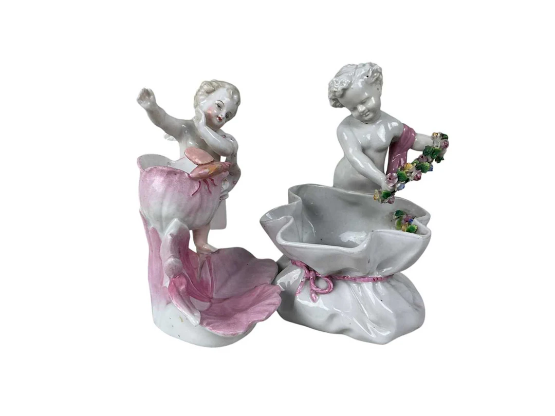 TWO CHERUB FLOWER HOLDERS, EARLY 20TH CENTURY AND OTHER FIGURES