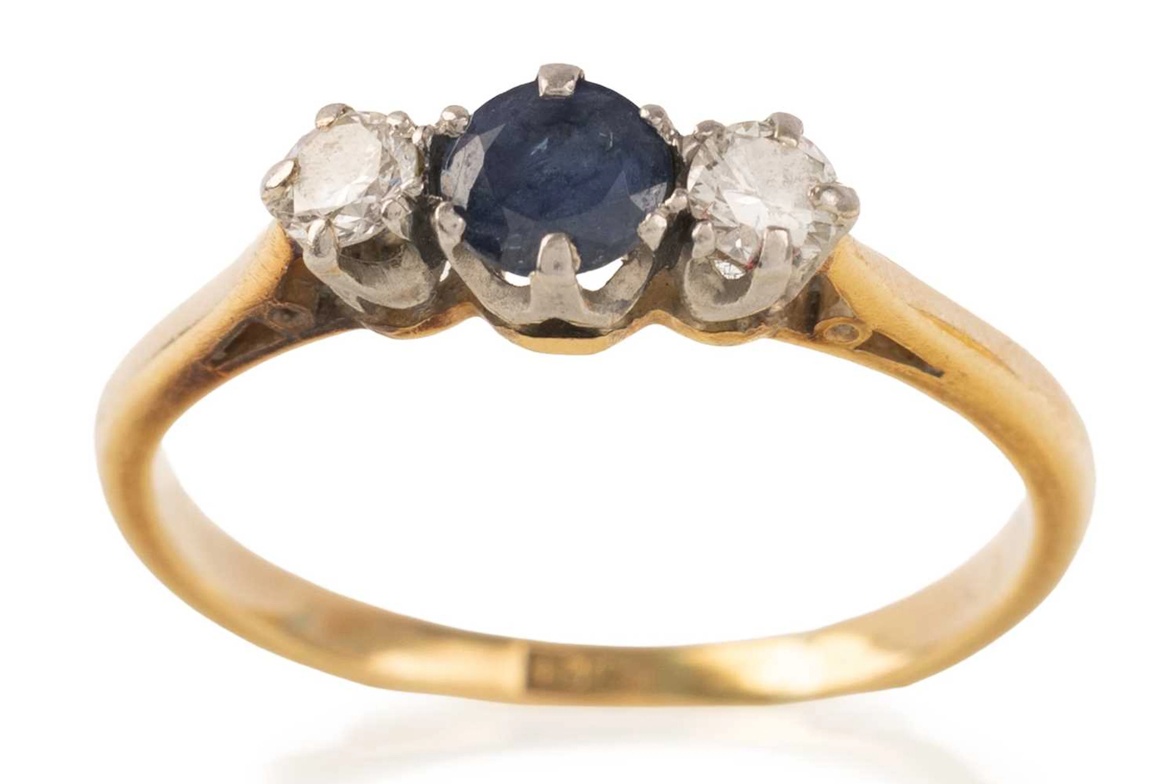 SAPPHIRE AND DIAMOND THREE STONE RING LATE 20TH CENTURY
