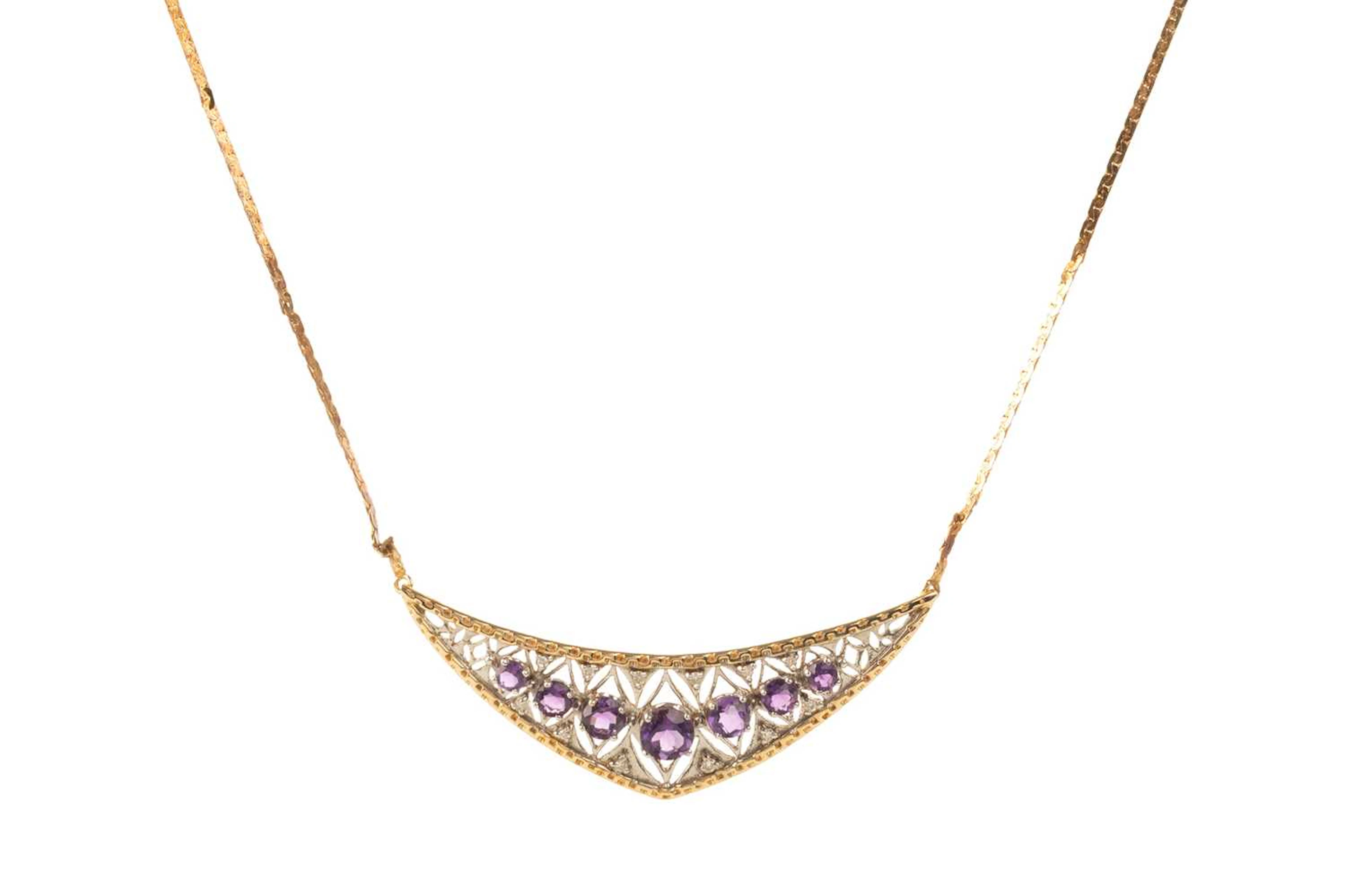 AMETHYST AND DIAMOND NECKLACE, RING AND PAIR OF EARRINGS LATE 20TH CENTURY