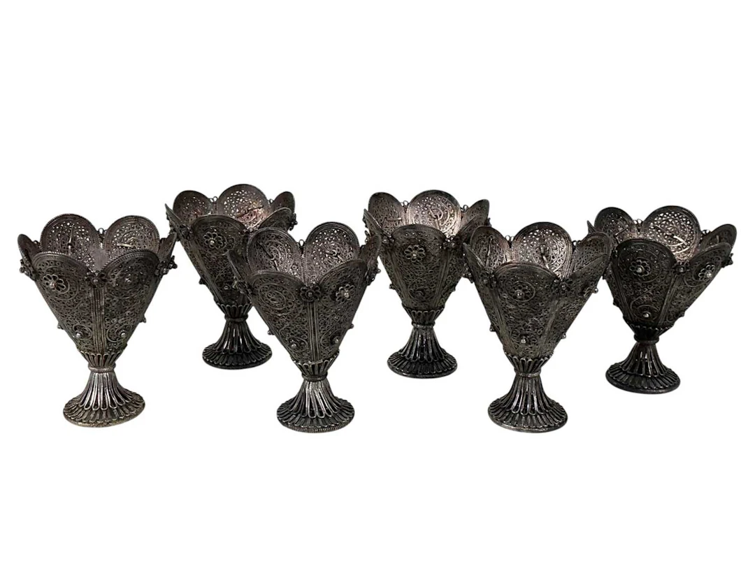 SIX WHITE METAL OTTOMAN STYLE ZARFS MID 20TH CENTURY