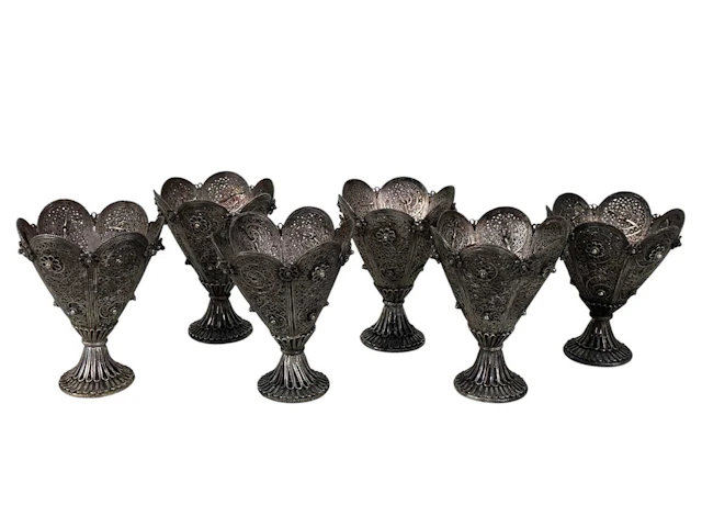SIX WHITE METAL OTTOMAN STYLE ZARFS MID 20TH CENTURY