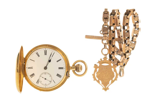 GOLD HUNTER POCKET WATCH, LATE 19TH CENTURY ALONG WITH AN ALBERT CHAIN