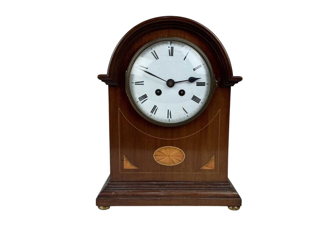 EDWARDIAN INLAID MAHOGANY MANTEL CLOCK EARLY 20TH CENTURY