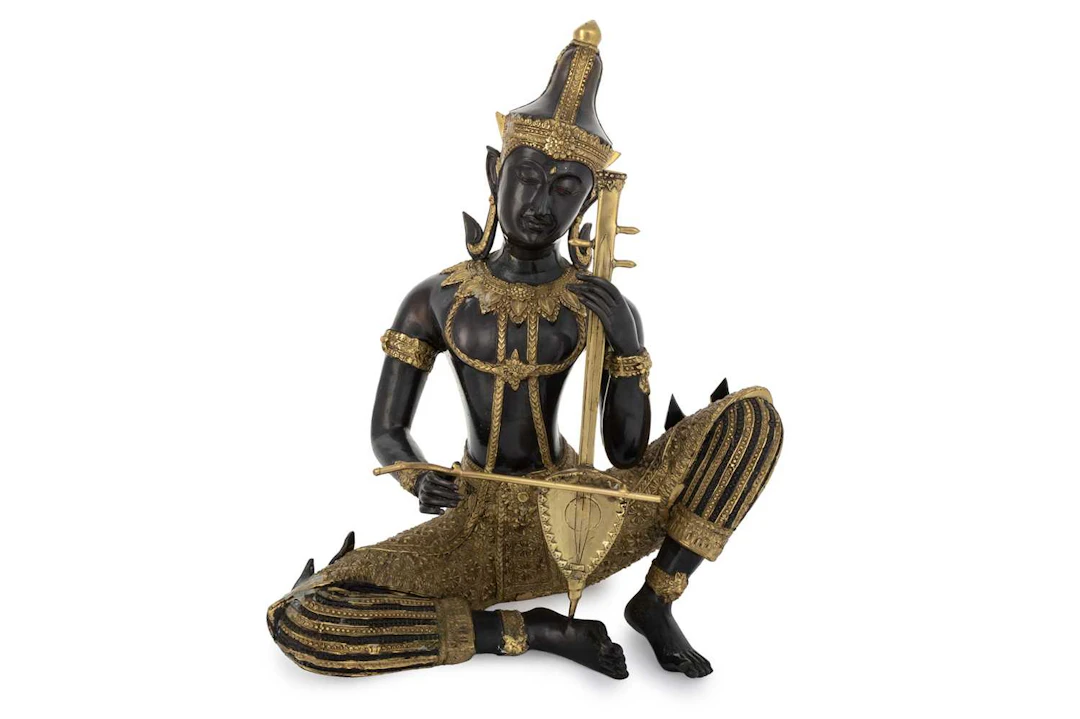 THAI CAST BRONZE AND PARCEL GILT BUDDHIST DEITY/TEPPANOM (TEMPLE GUARDIAN)