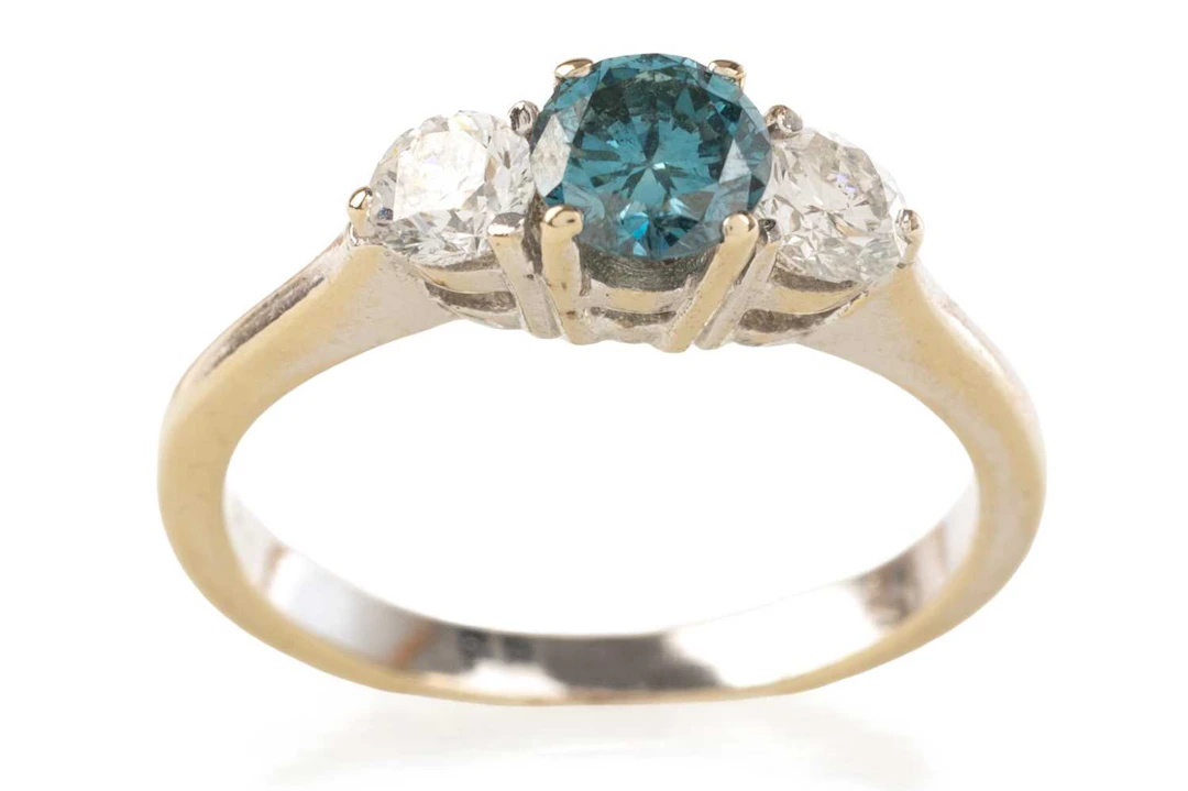 TREATED BLUE DIAMOND THREE STONE RING 21ST CENTURY