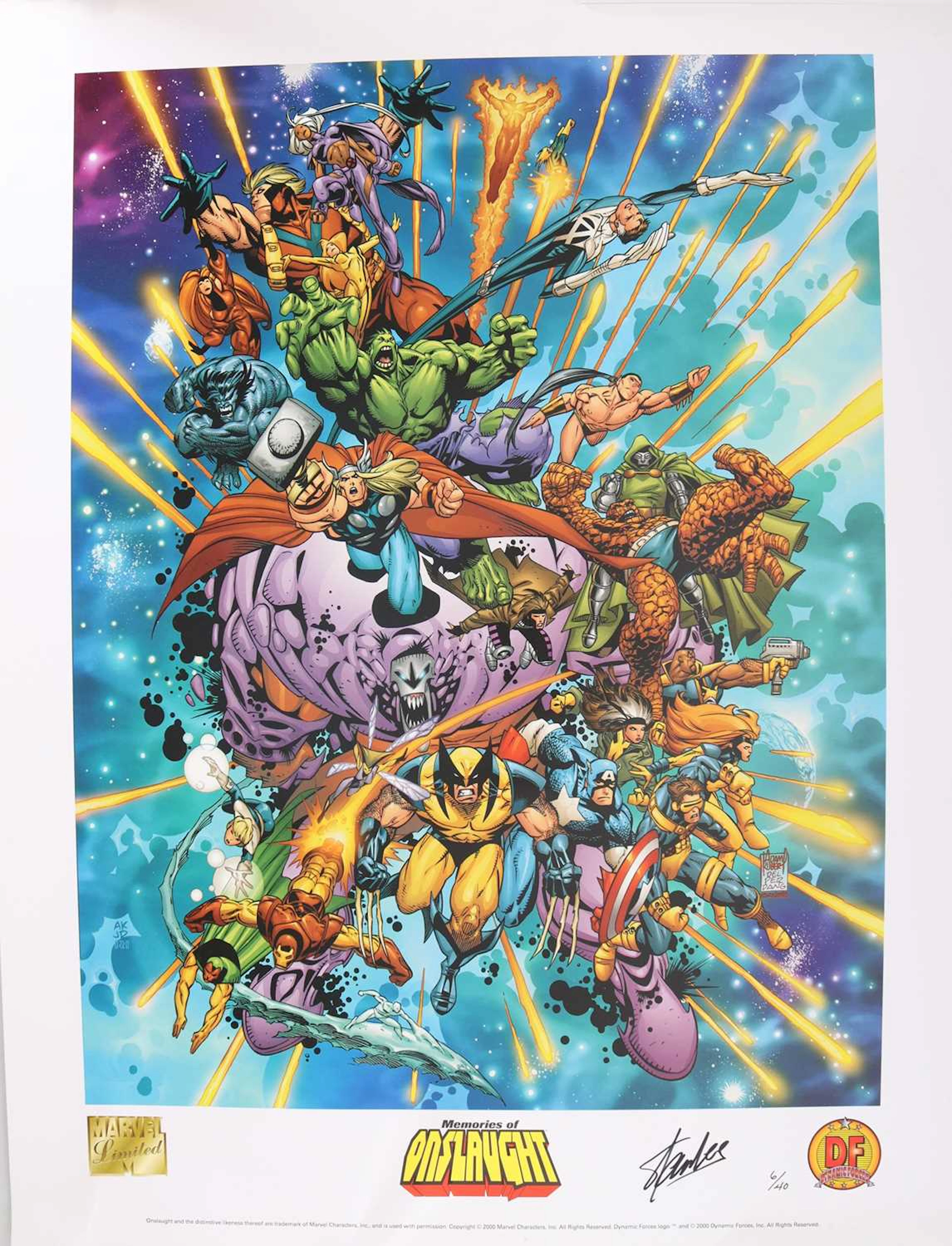 MARVEL POSTER- "MEMORIES OF ONSLAUGHT" STAN LEE SIGNED LIMITED EDITION