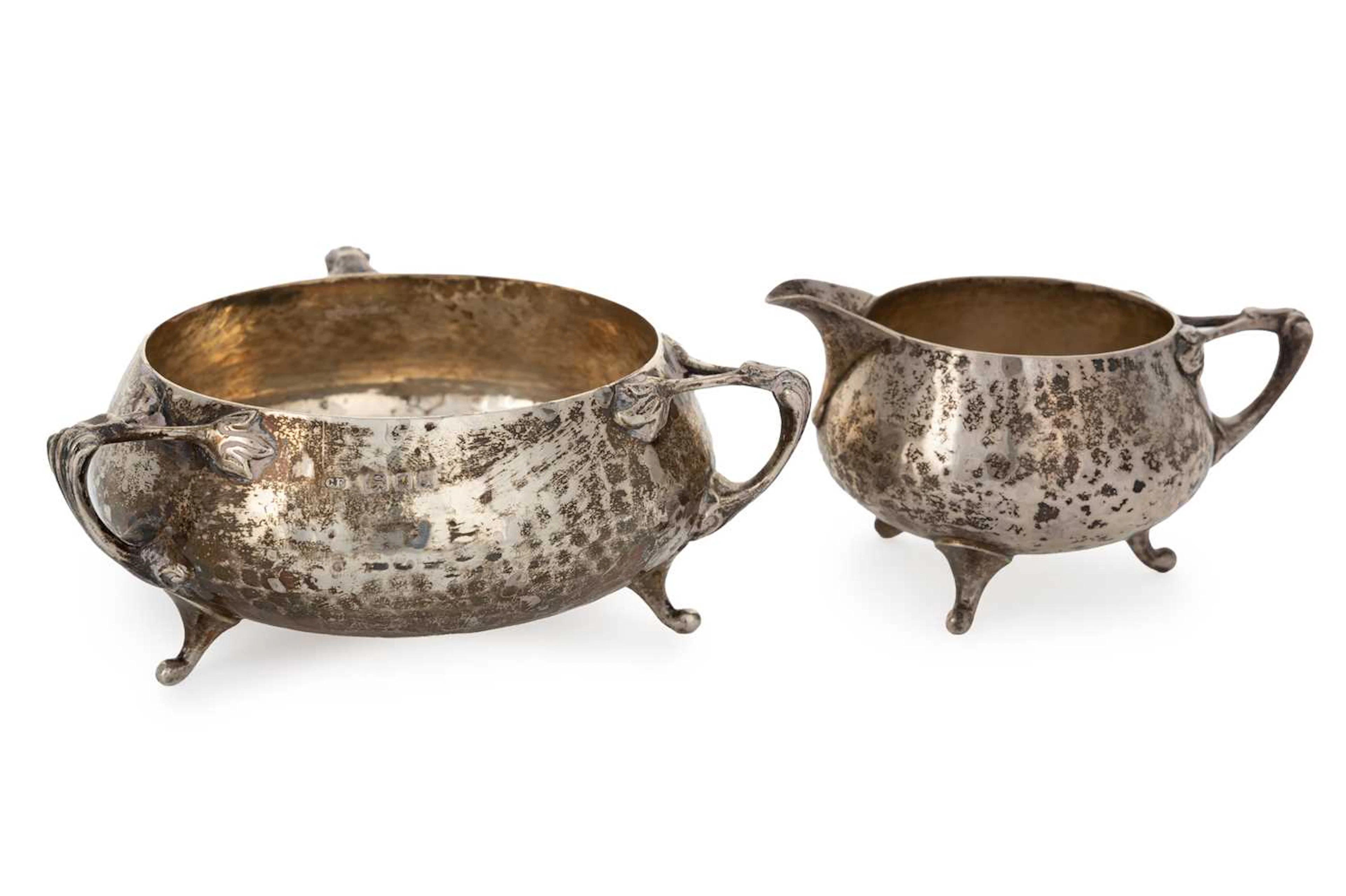 GEORGE V ARTS & CRAFTS SILVER SUGAR AND CREAM MAKER CE, LONDON 1930 AND 1931
