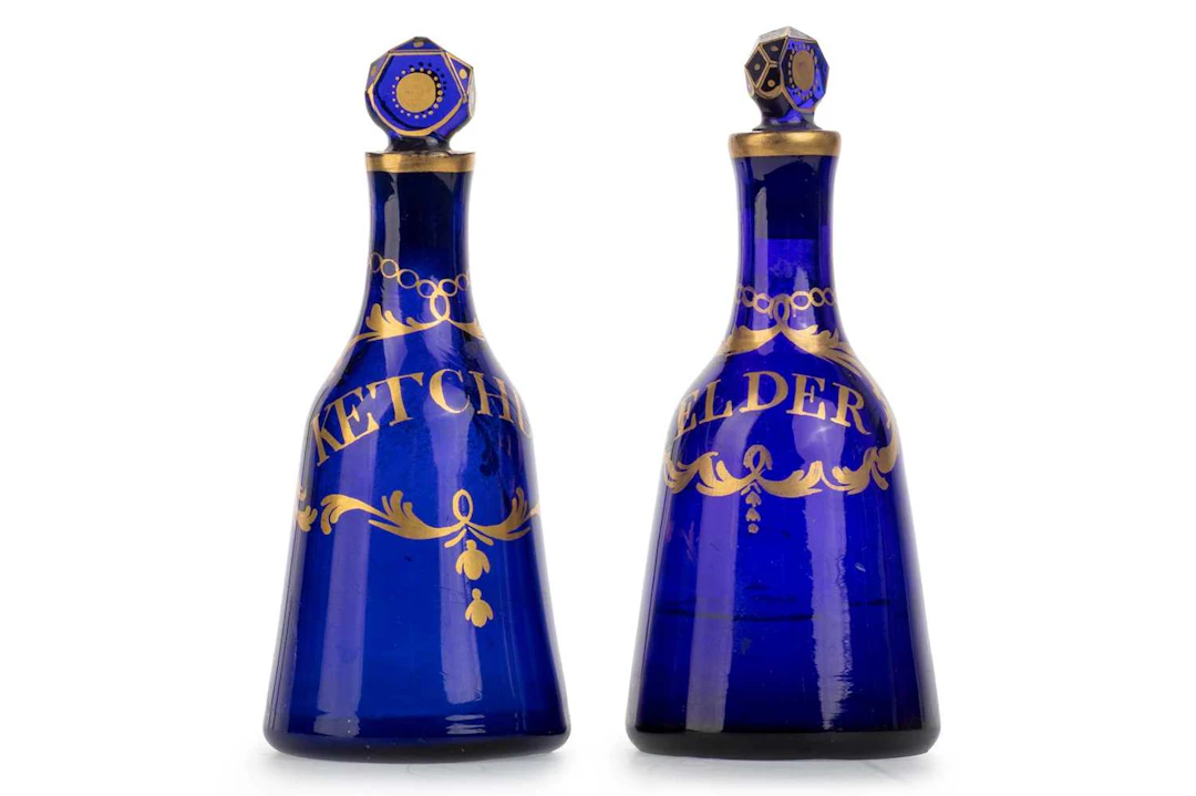 PAIR OF VICTORIAN BRISTOL BLUE GLASS CONDIMENT BOTTLES MID/LATE 19TH CENTURY