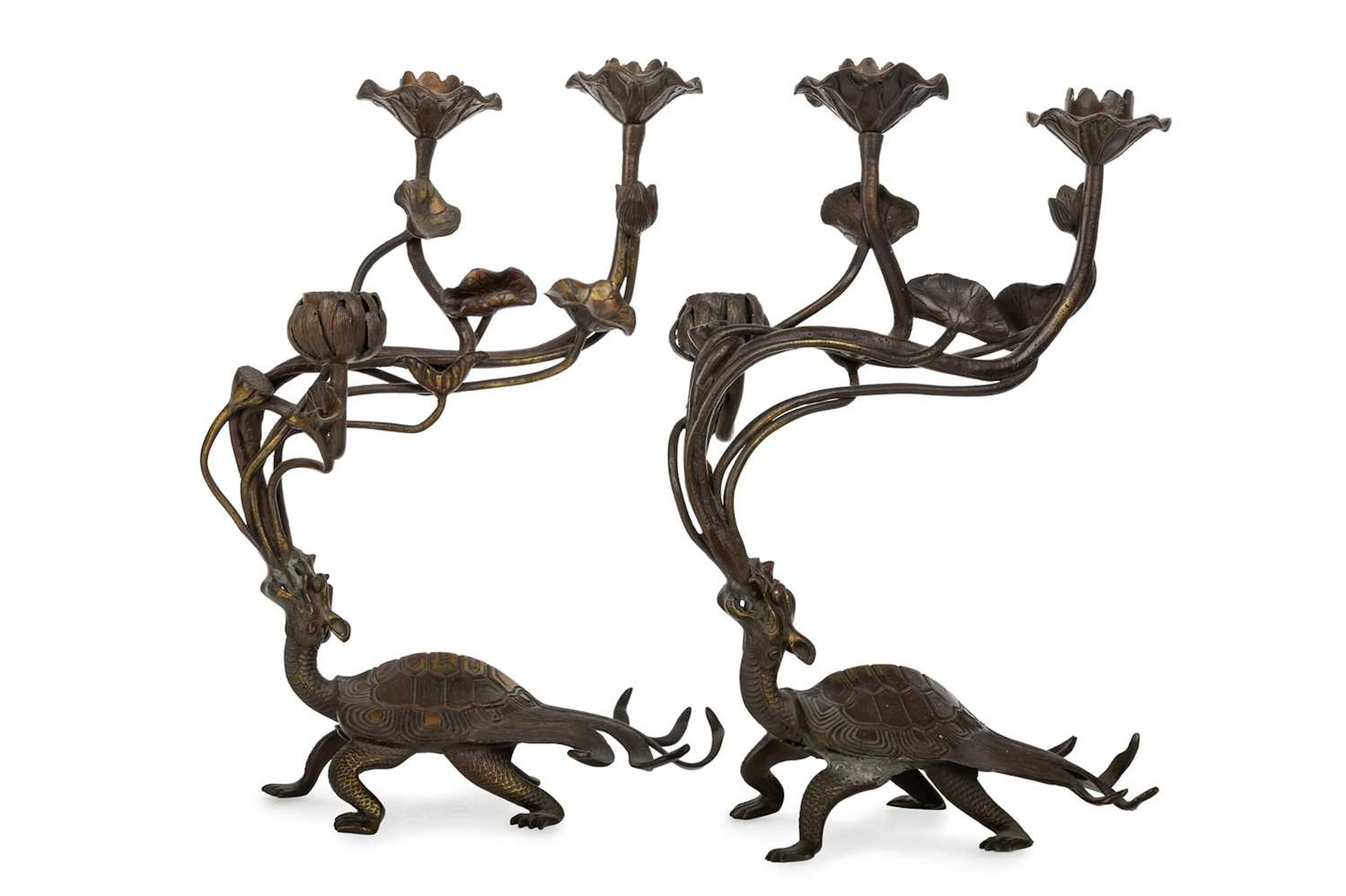PAIR OF JAPANESE BRONZED ZOOMORPHIC CANDELABRA MEIJI PERIOD (1868 - 1912)