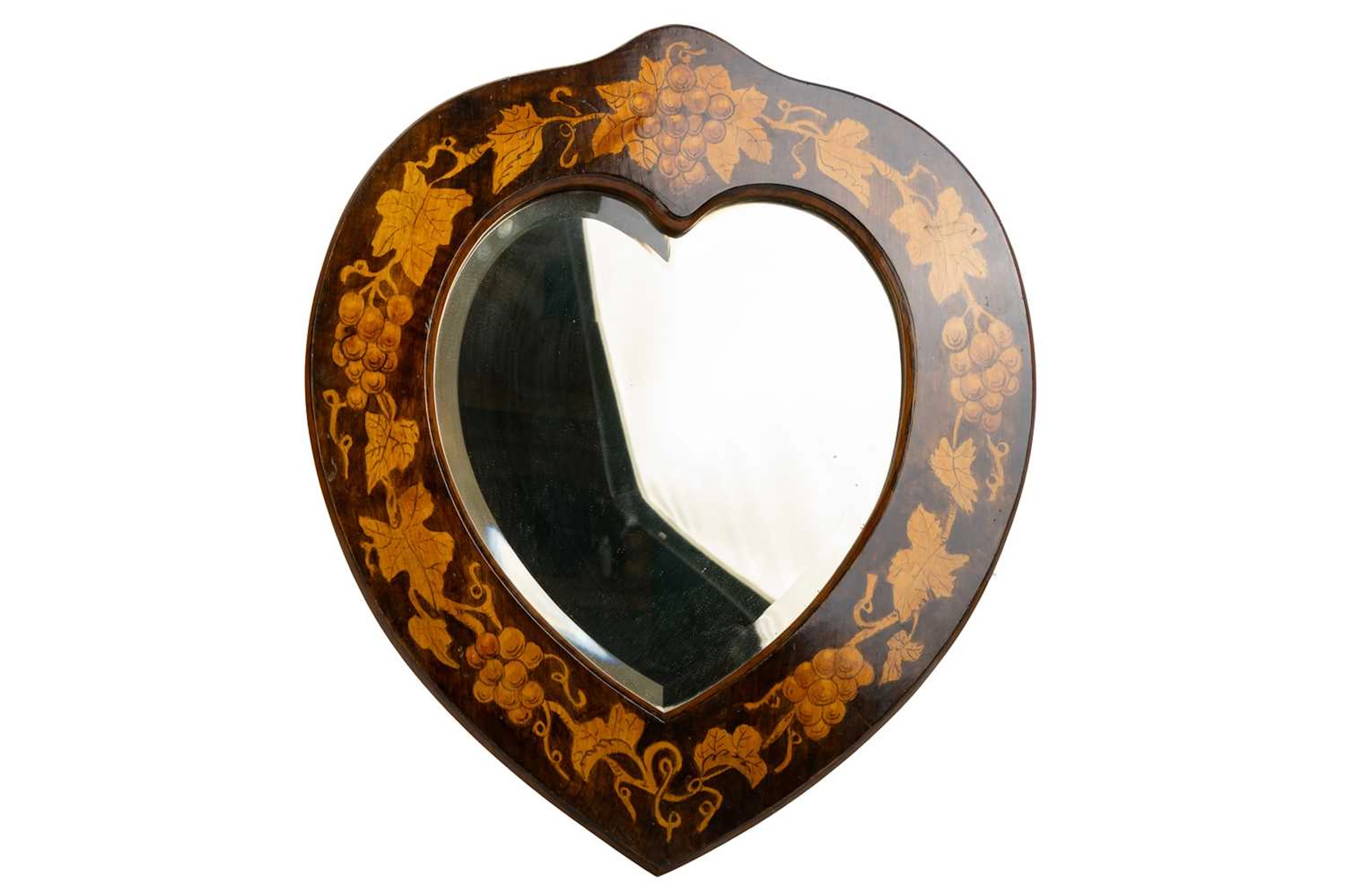 ARTS & CRAFTS PENWORK HEART SHAPED WALL MIRROR EARLY 20TH CENTURY
