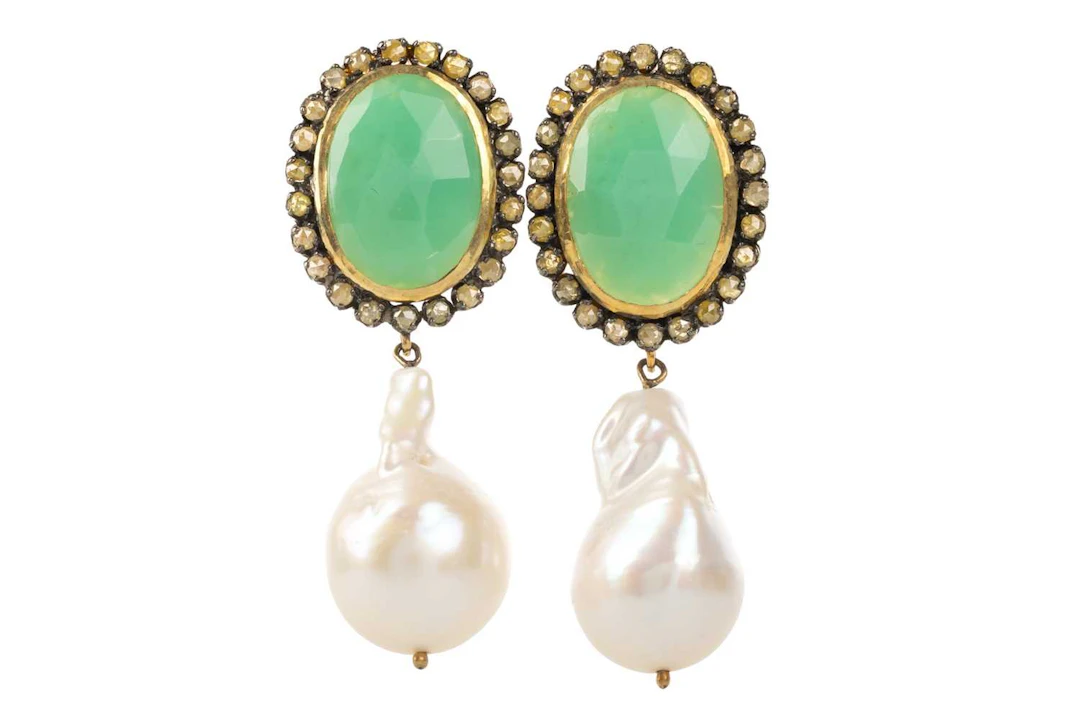 PAIR OF CHRYSOPRASE, PEARL AND DIAMOND EARRINGS 21ST CENTURY