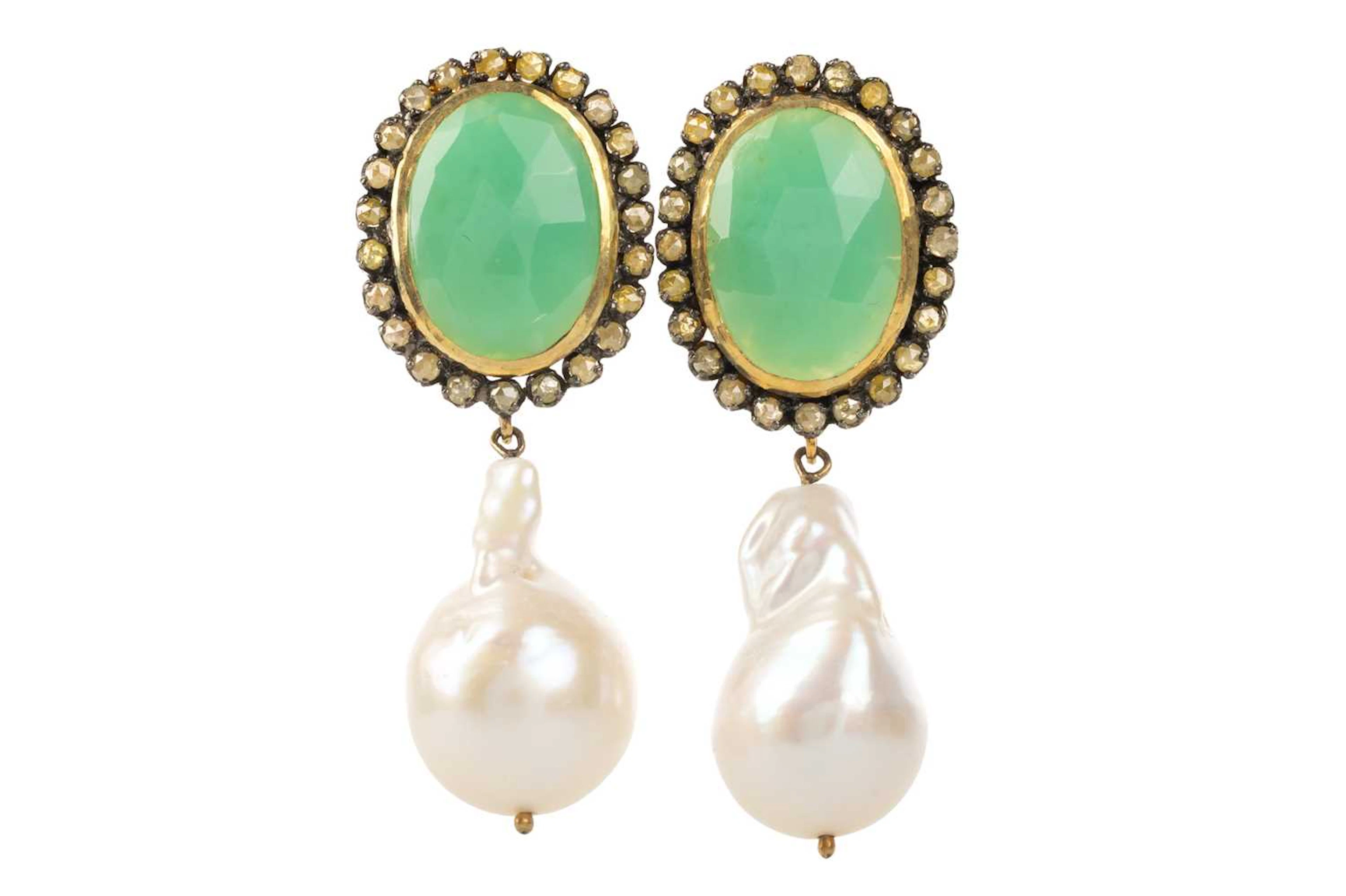 PAIR OF CHRYSOPRASE, PEARL AND DIAMOND EARRINGS 21ST CENTURY