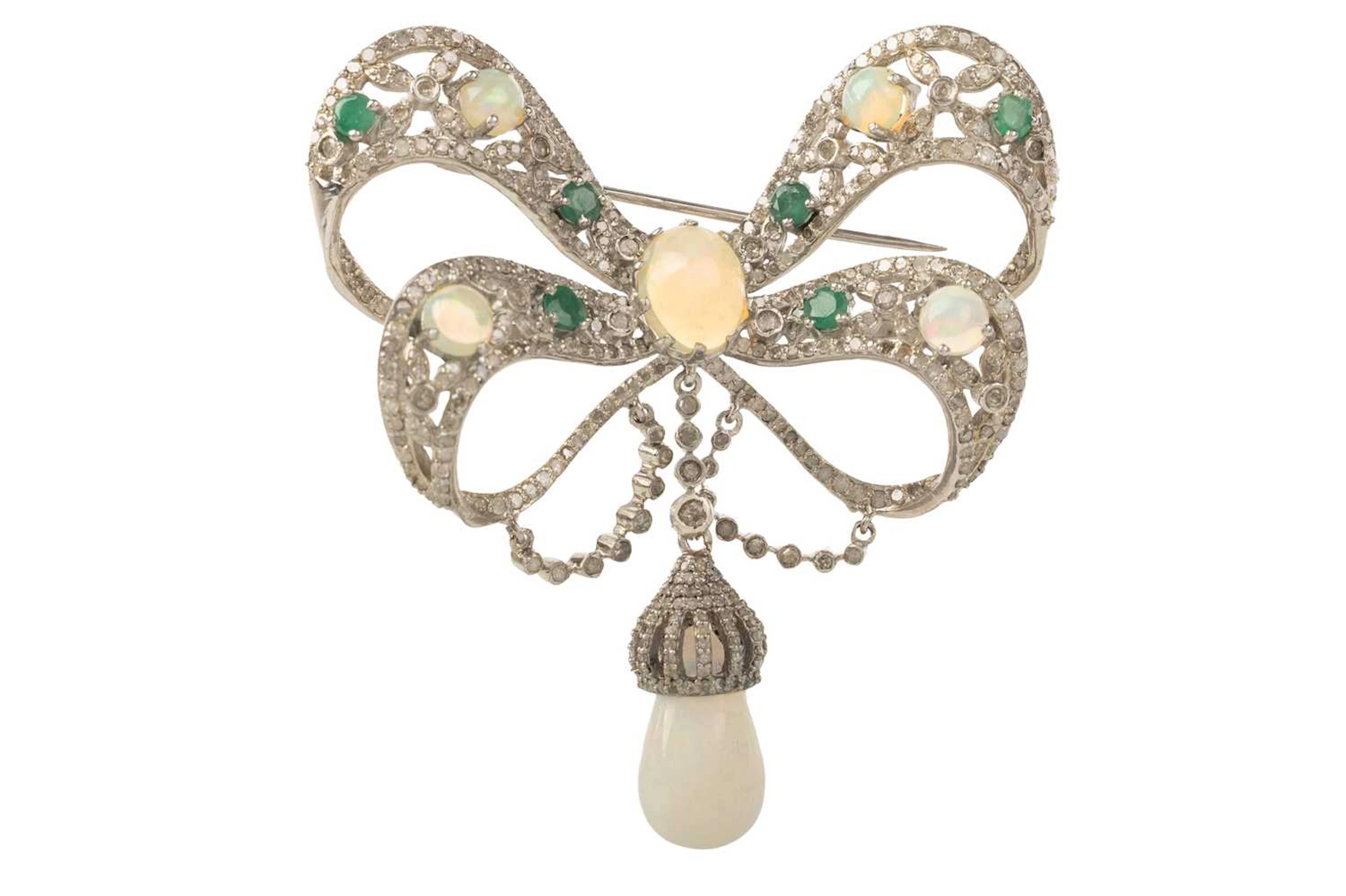 DIAMOND AND GEM SET BOW BROOCH 21ST CENTURY