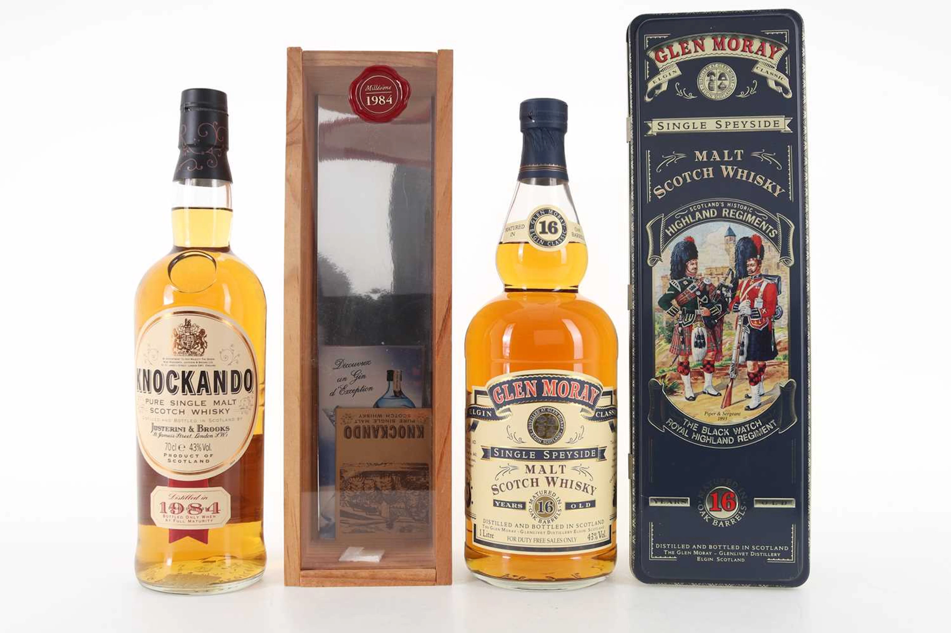 KNOCKANDO 1984 VINTAGE AND GLEN MORAY 16 YEAR OLD BLACK WATCH 1L SPEYSIDE