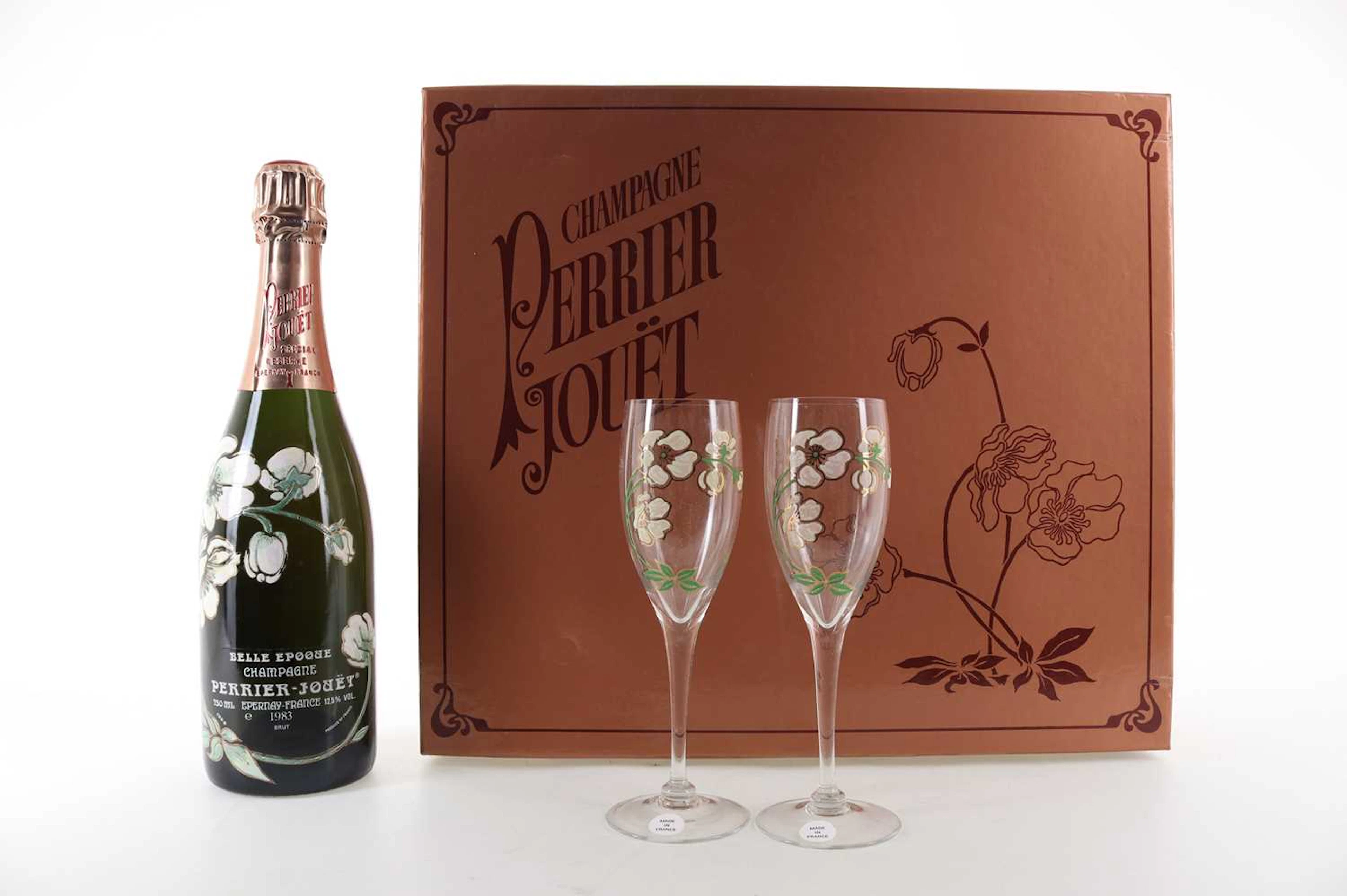 PERRIER JOUET BELLE EPOQUE 1983 VINTAGE CHAMPAGNE AND GLASSES SET
