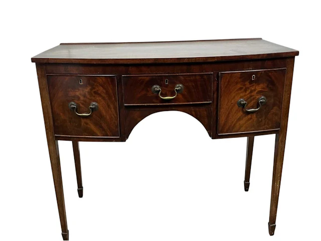 MAHOGANY BOW FRONTED KNEEHOLE DESK MID 20TH CENTURY