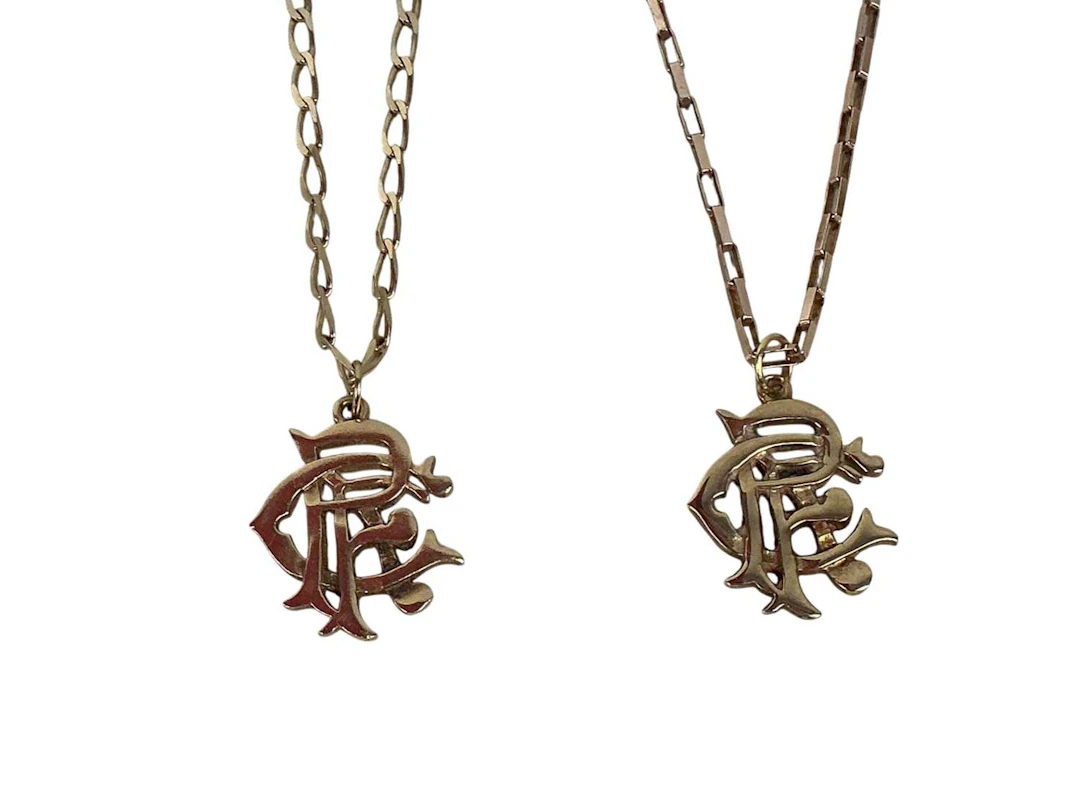 TWO 'RANGERS FC' GOLD PENDANTS ON CHAINS LATE 20TH CENTURY