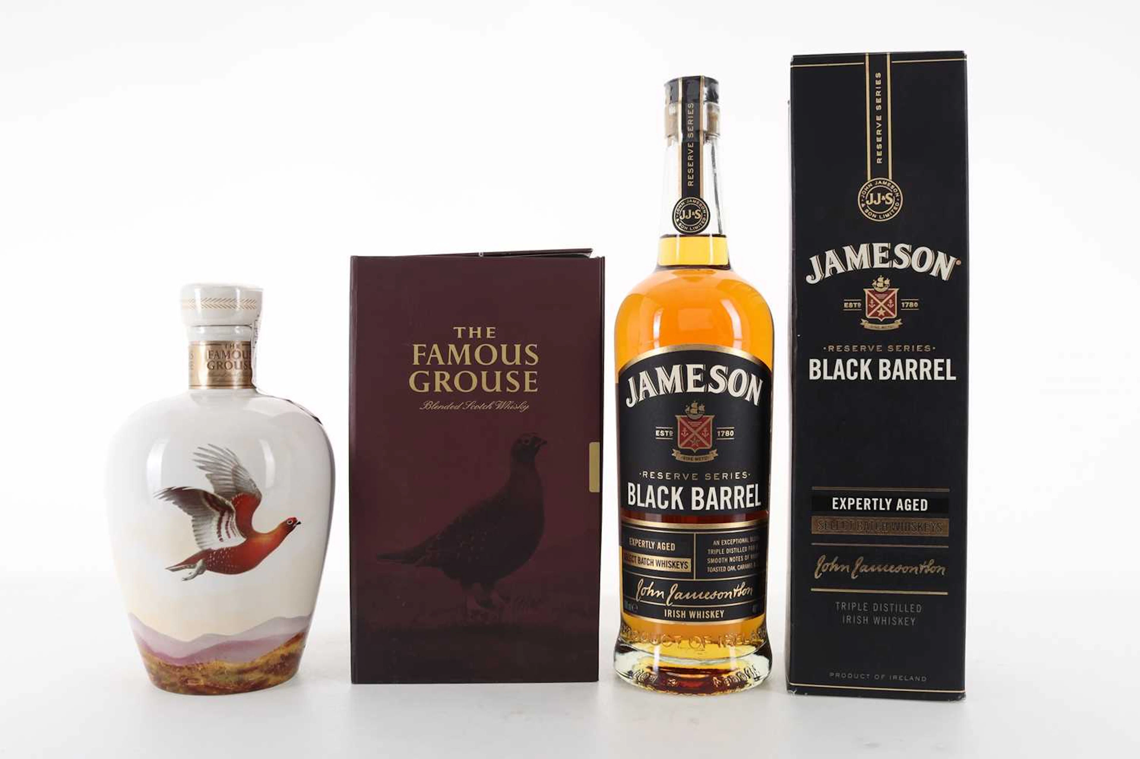 FAMOUS GROUSE WADE DECANTER AND JAMESON BLACK BARREL BLENDED WHISKY