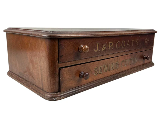 J. & P. COATS MAHOGANY TABLE TOP SPOOL AND HABERDASHERY TABLE TOP