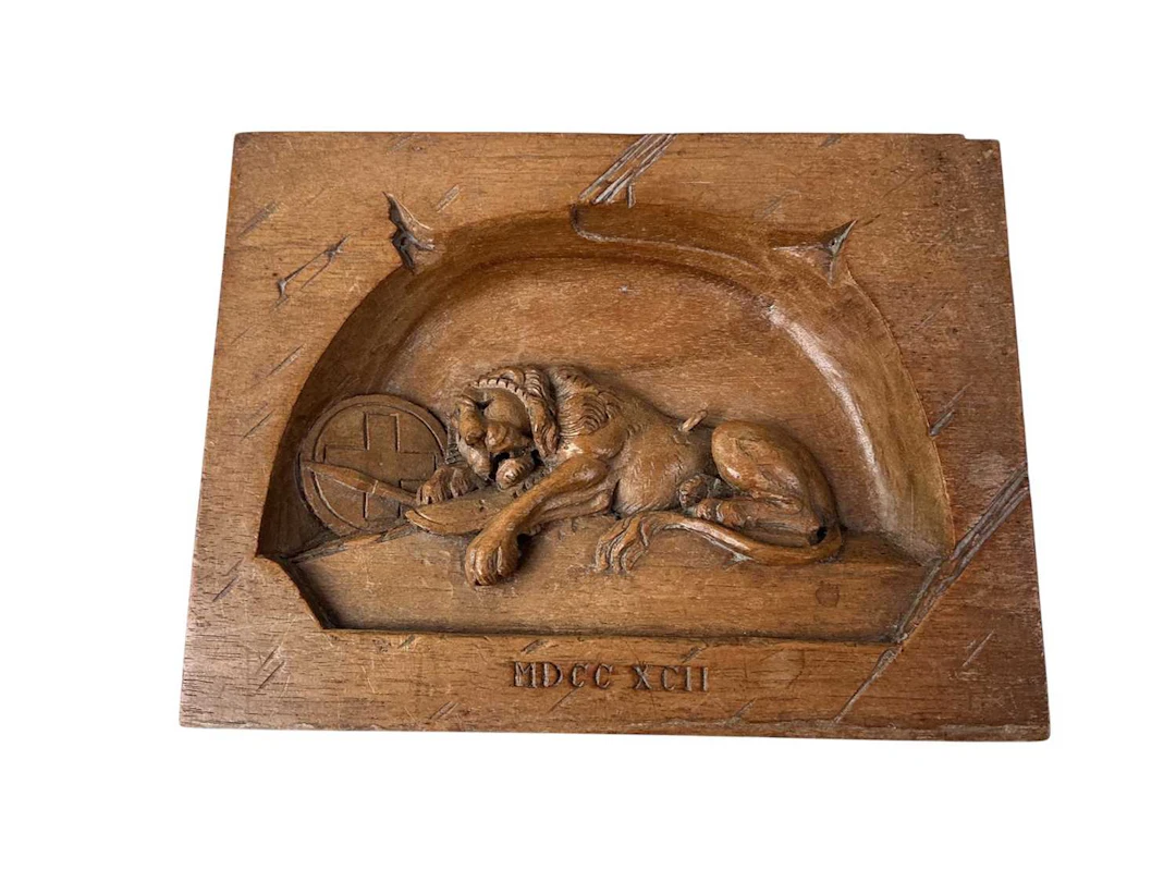 SWISS CARVED WOOD PLAQUE, EARLY/MID 20TH CENTURY ALONG WITH A COCONUT BOWL