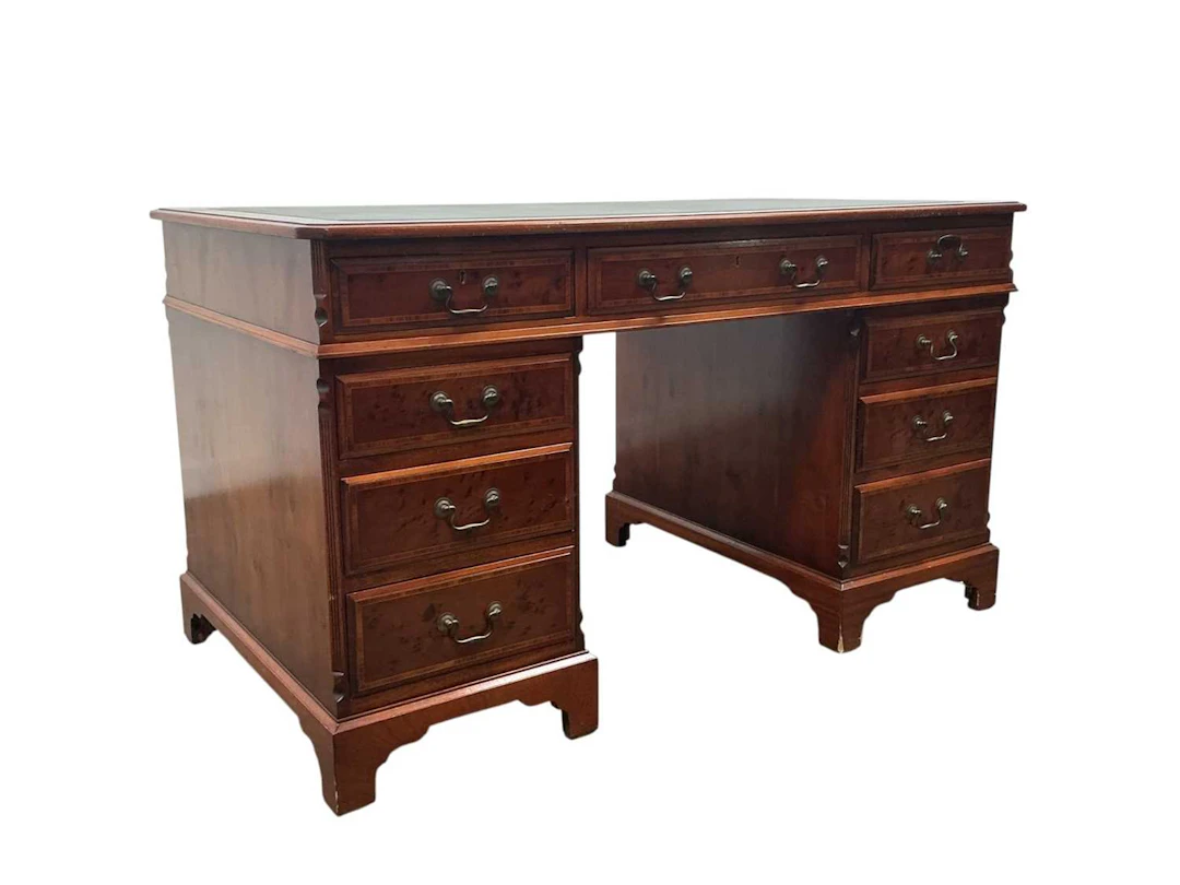 REPRODUCTION YEW WOOD PEDESTAL KNEEHOLE DESK MID 20TH CENTURY