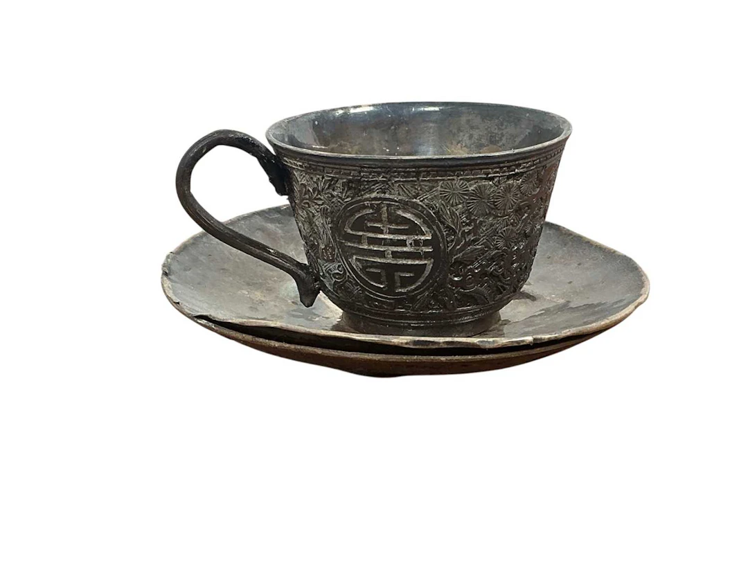 CHINESE SILVER MOUNTED CUP AND SAUCER EARLY 20TH CENTURY