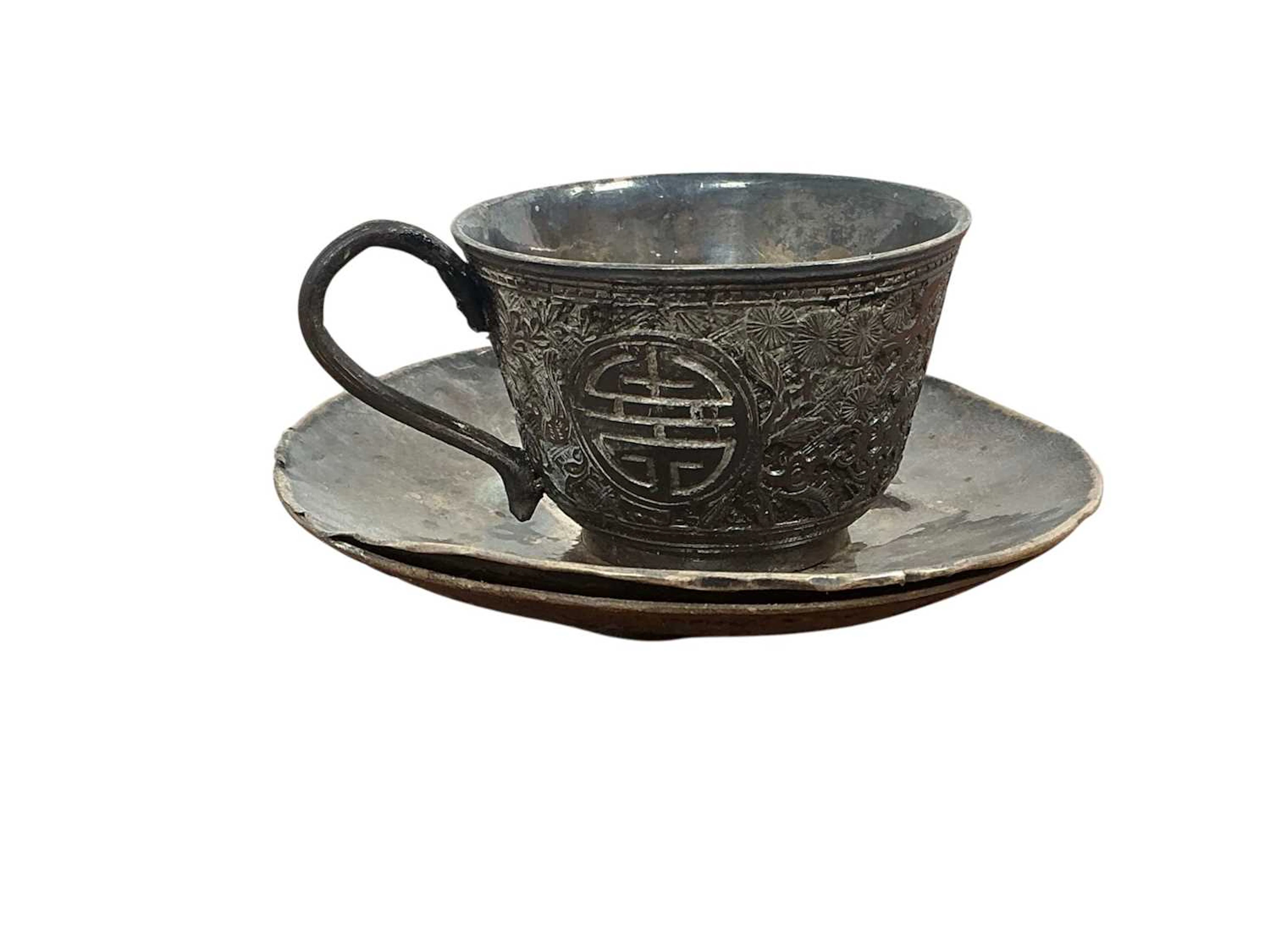 CHINESE SILVER MOUNTED CUP AND SAUCER EARLY 20TH CENTURY